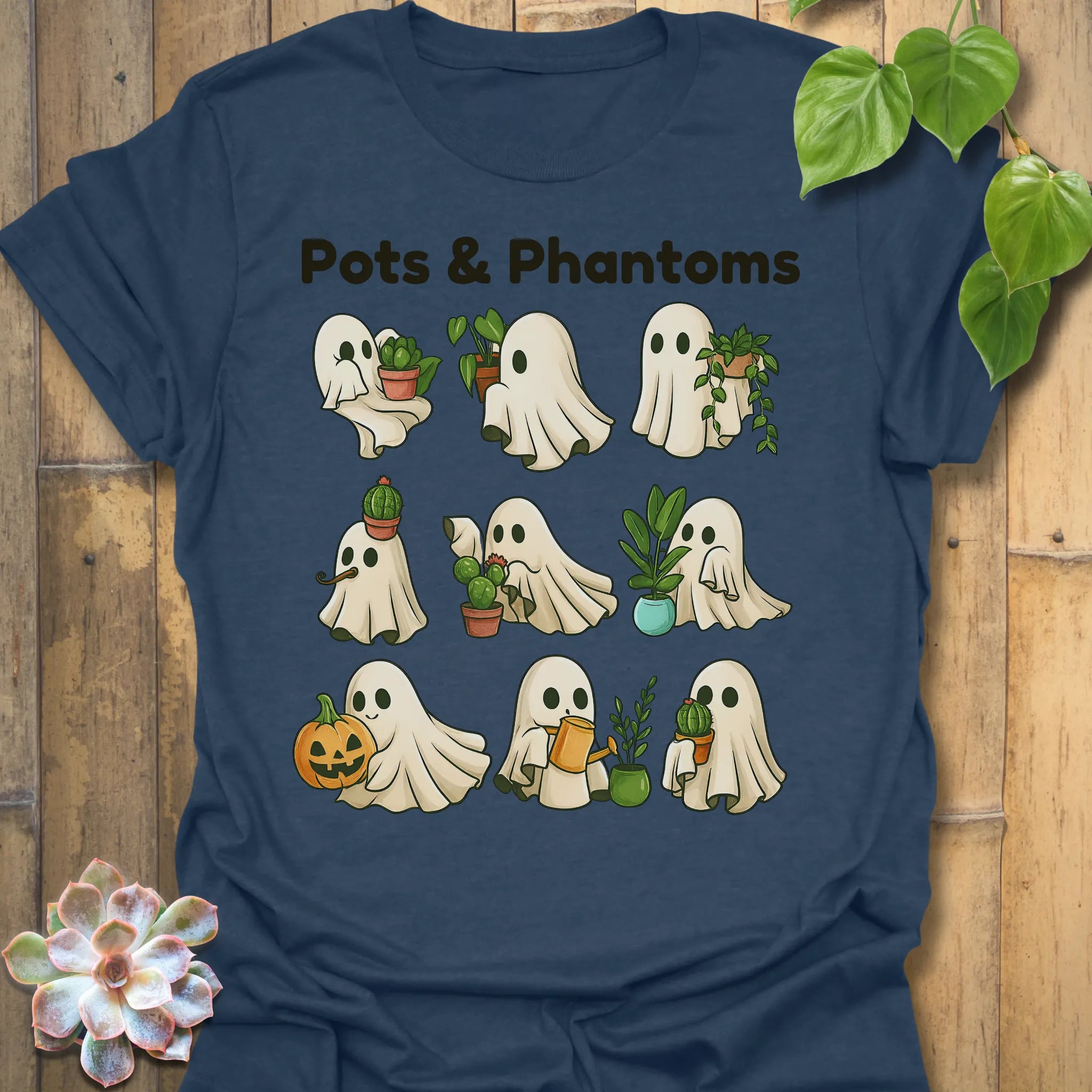 Heather Navy t-shirt featuring the design Pots & Phantom printed in bold black letters, halloween graphic shirt