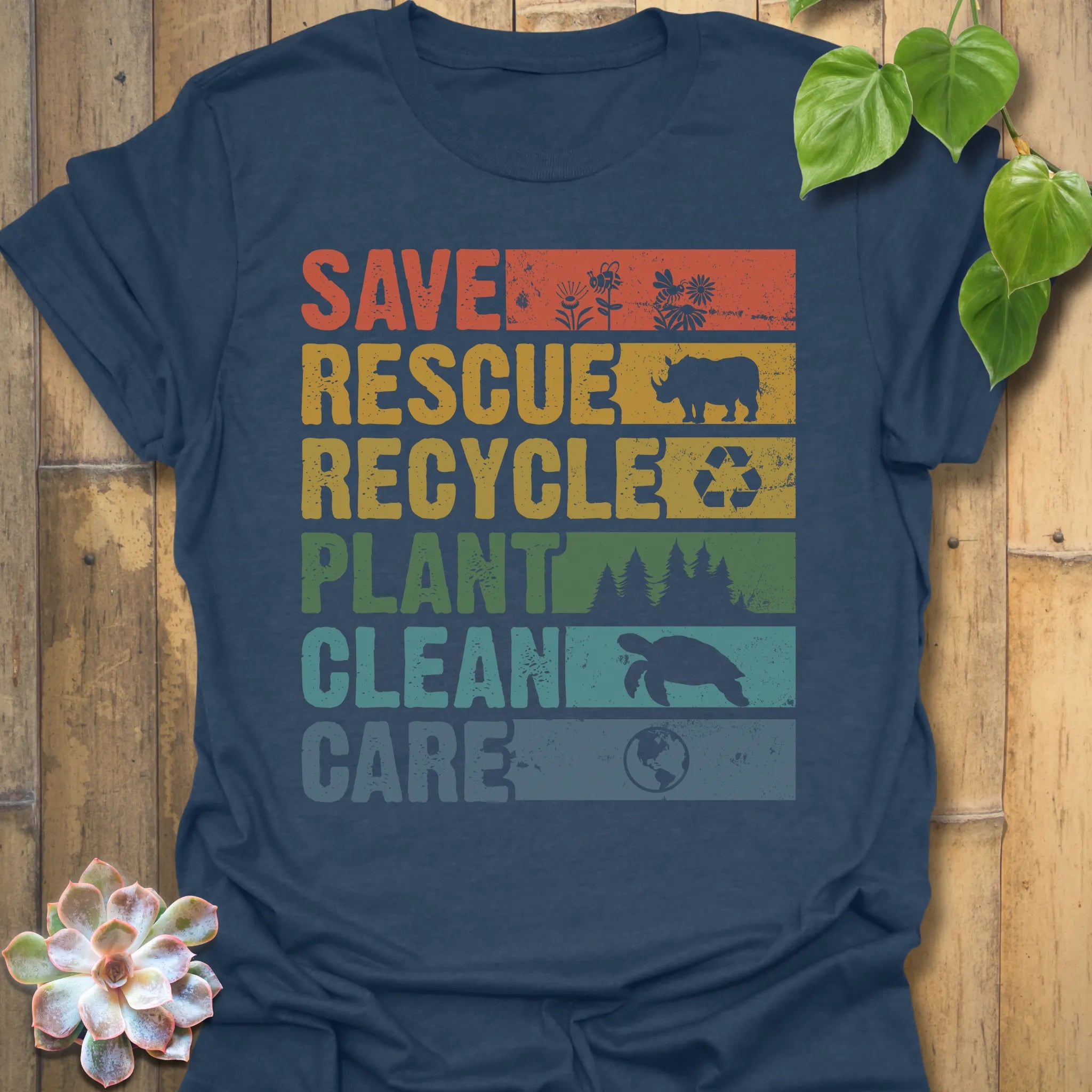 Heather Navy t-shirt featuring the design Save, Rescue printed in bold colorful letters, plants, nature, animal lover tee.