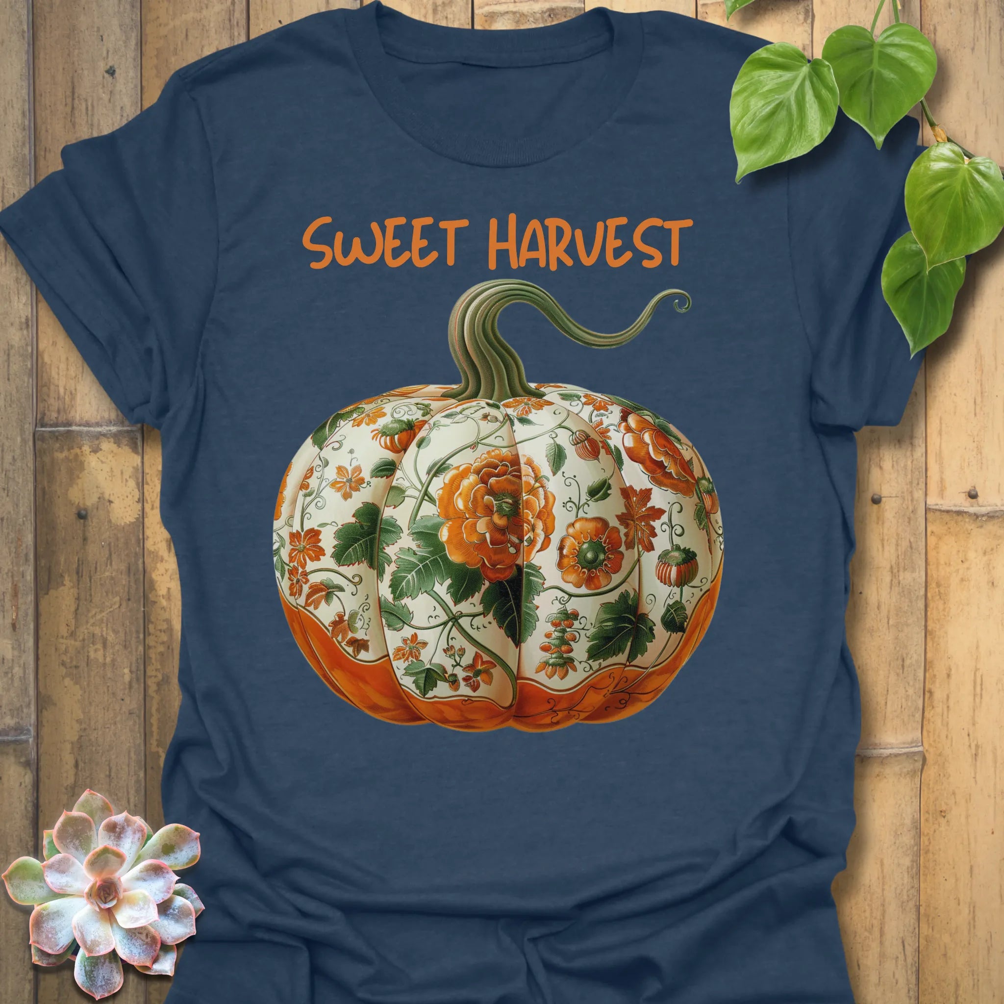 Heather Navy t-shirt featuring the design Sweet Harvest printed in rustic harvest graphic tee.