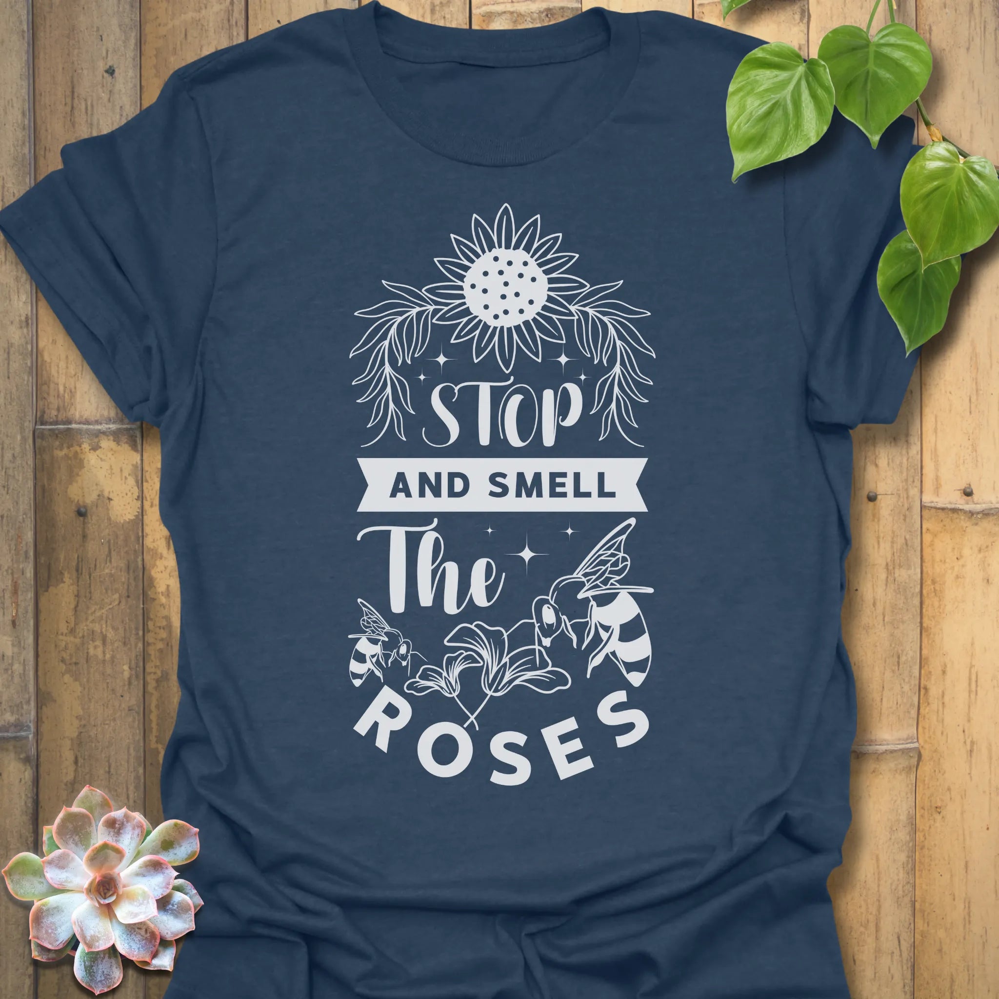 Heather Navy t-shirt featuring the design The Roses printed in artistic flower, floral graphic tee.