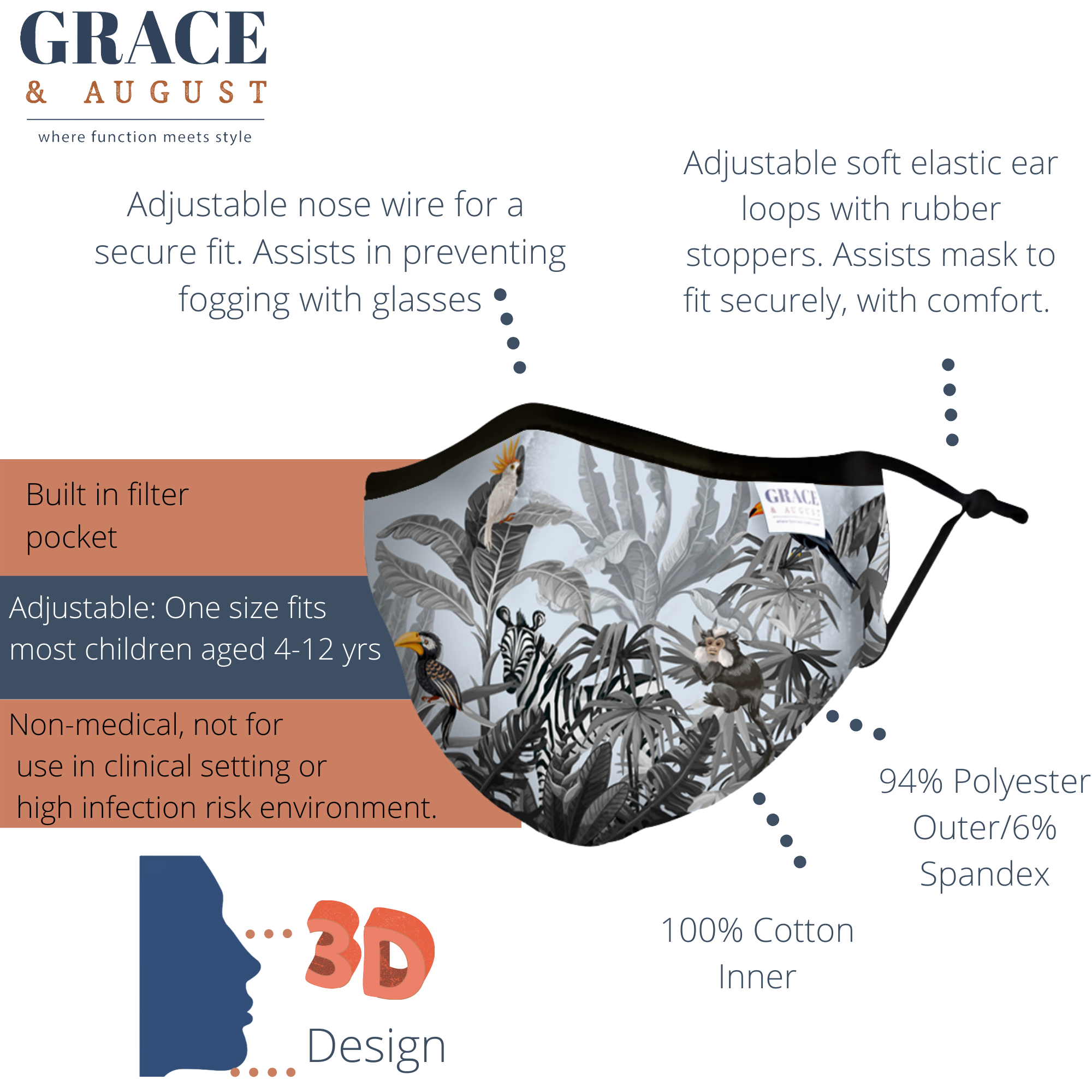 Child Face Mask Reusable with Filter Pocket | Cloth mask with two 2.5 Filters- The Jungle