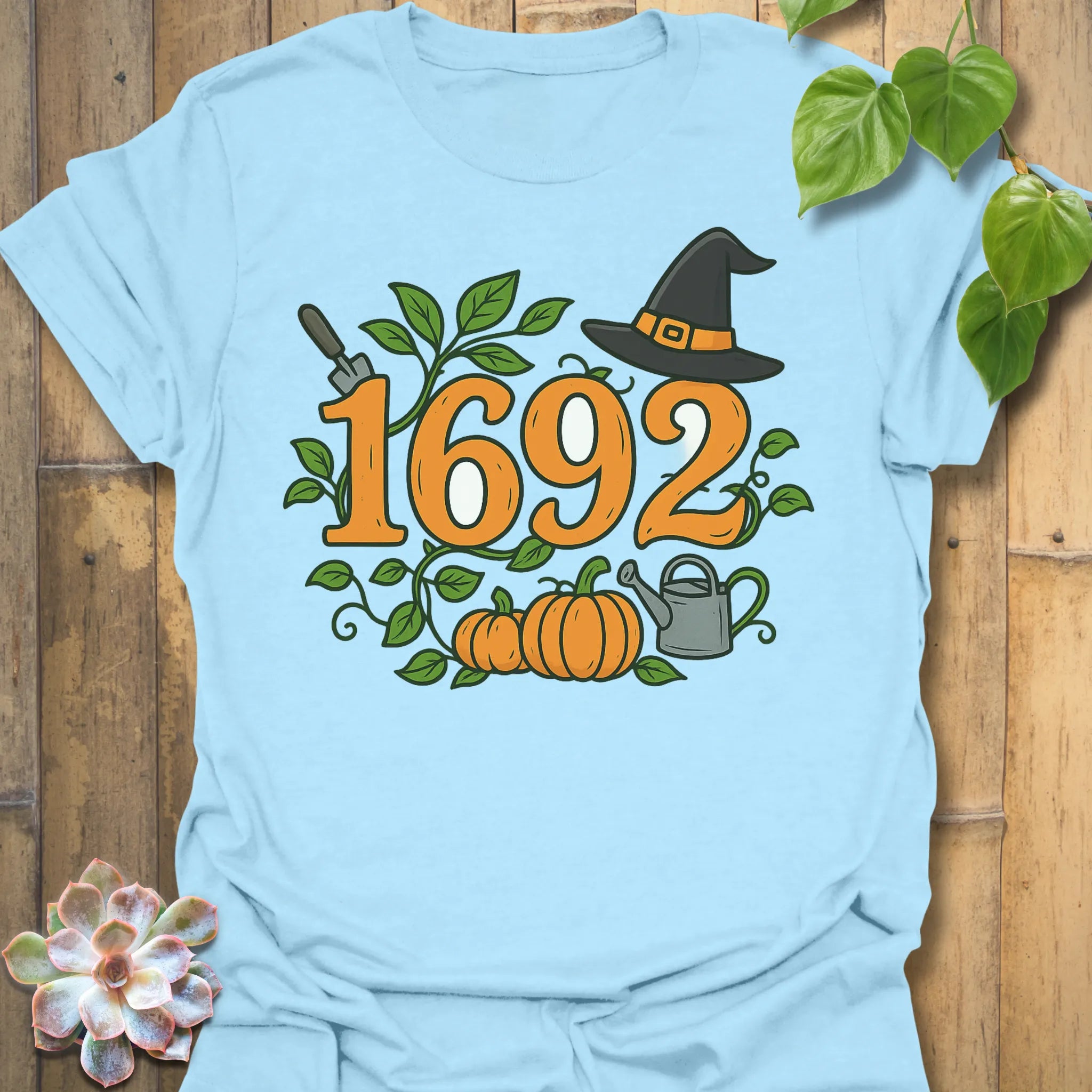 Light Blue t-shirt featuring the design 1692 printed in minimalist witchy shirt