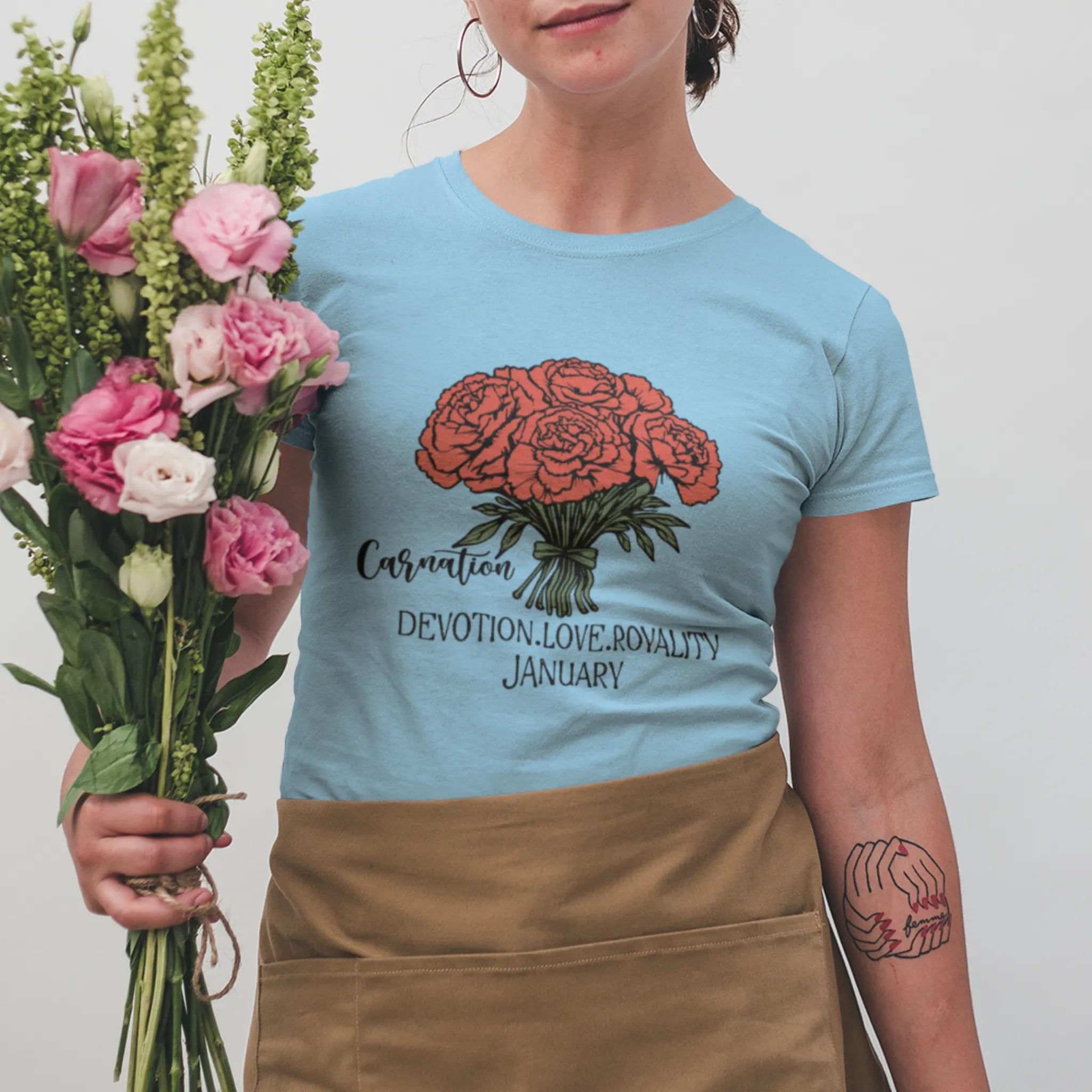 Light Blue t-shirt featuring the design January Carnation with a print of rose flower, a botanical rose flower shirt perfect for floral art lovers.