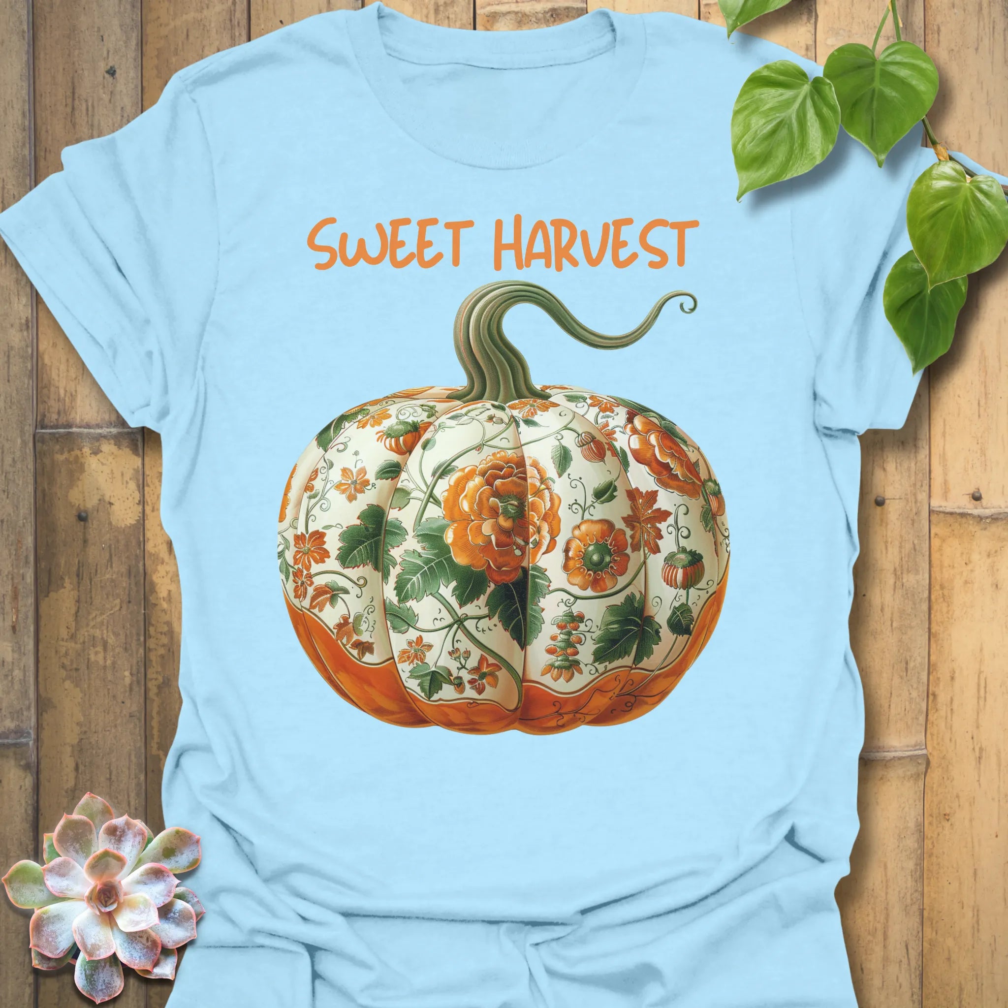 Light Blue t-shirt featuring the design Sweet Harvest printed in rustic harvest graphic tee.