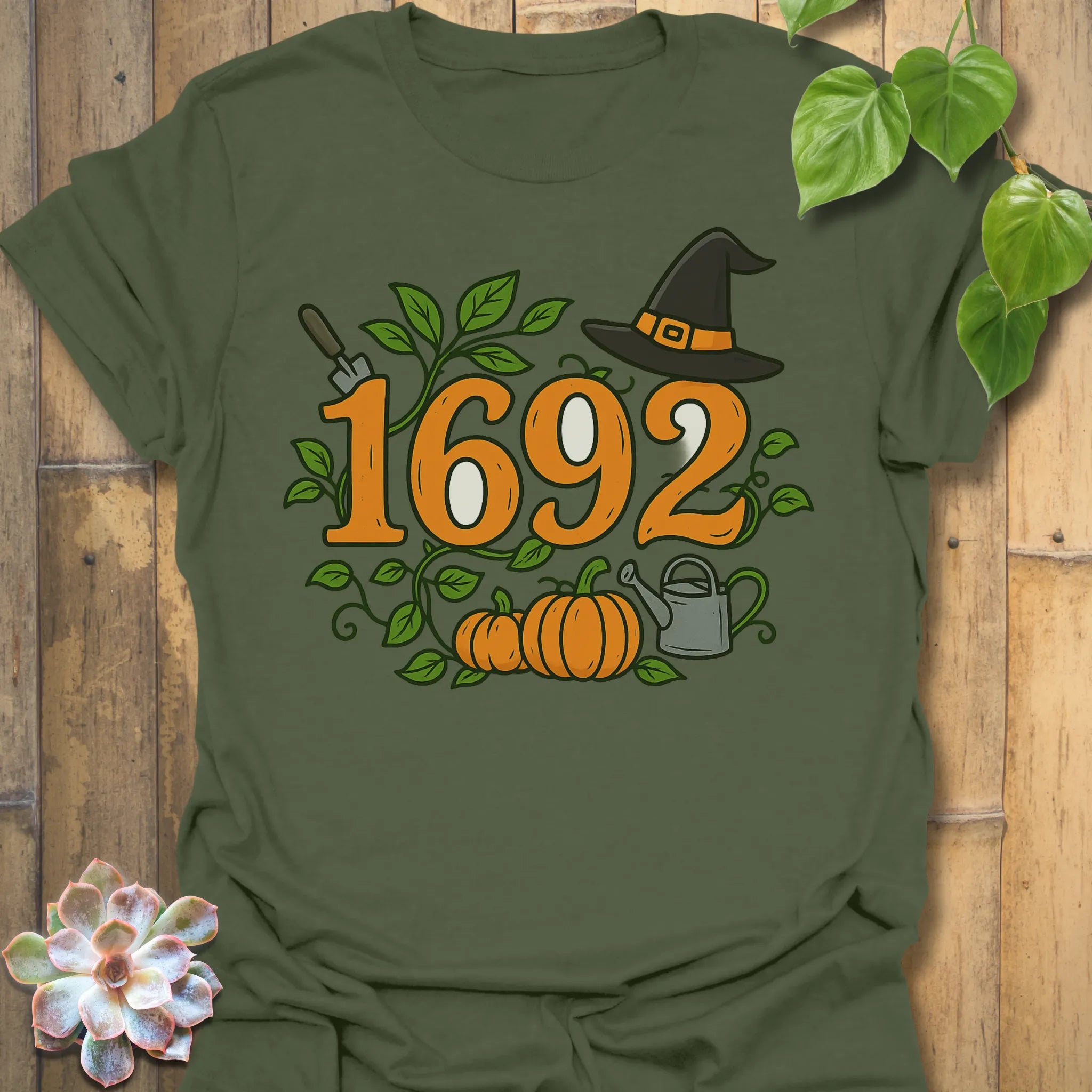 Military Green t-shirt featuring the design 1692 printed in minimalist witchy shirt
