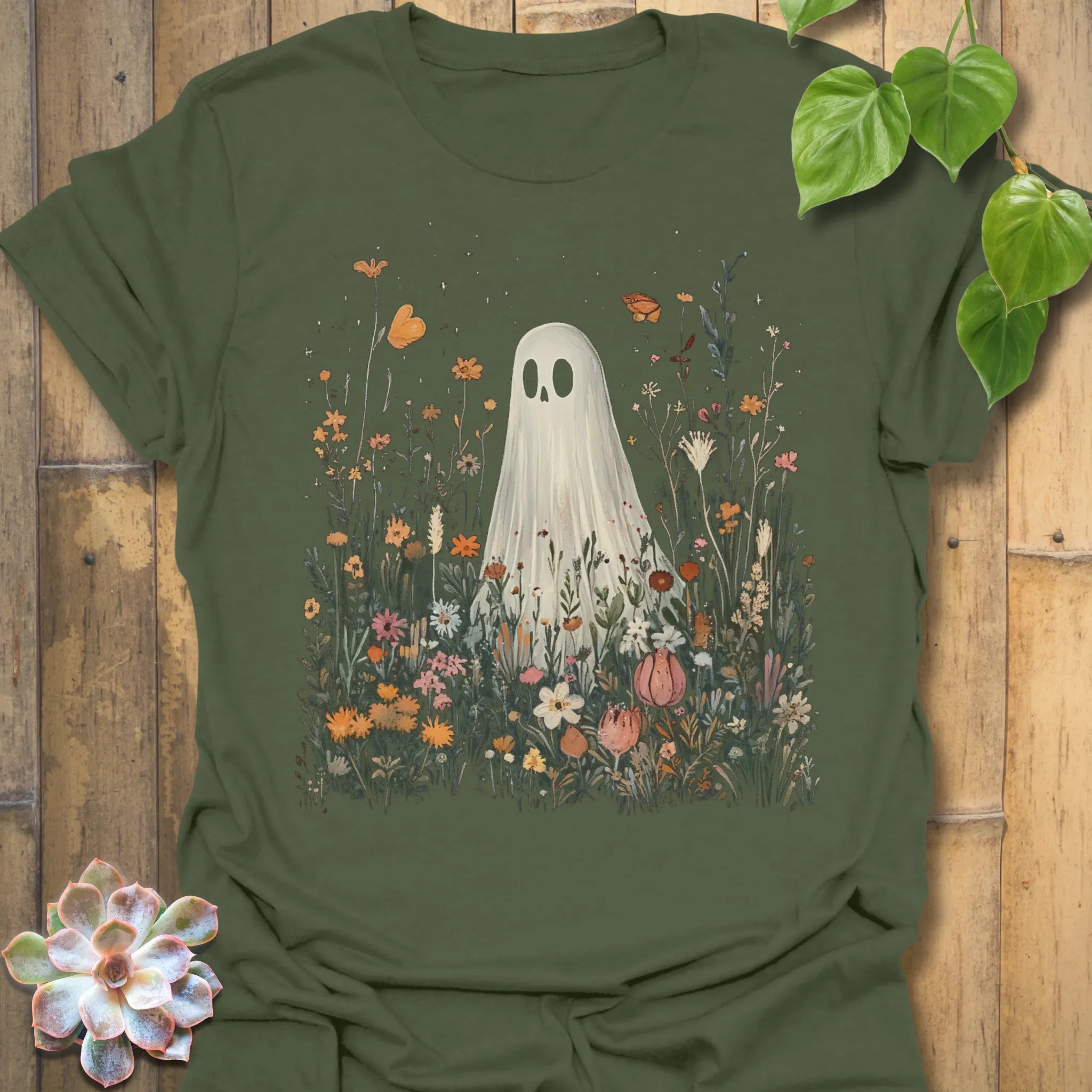 Military Green t-shirt featuring the design Among The Wildflowers printed in halloween floral graphic tee