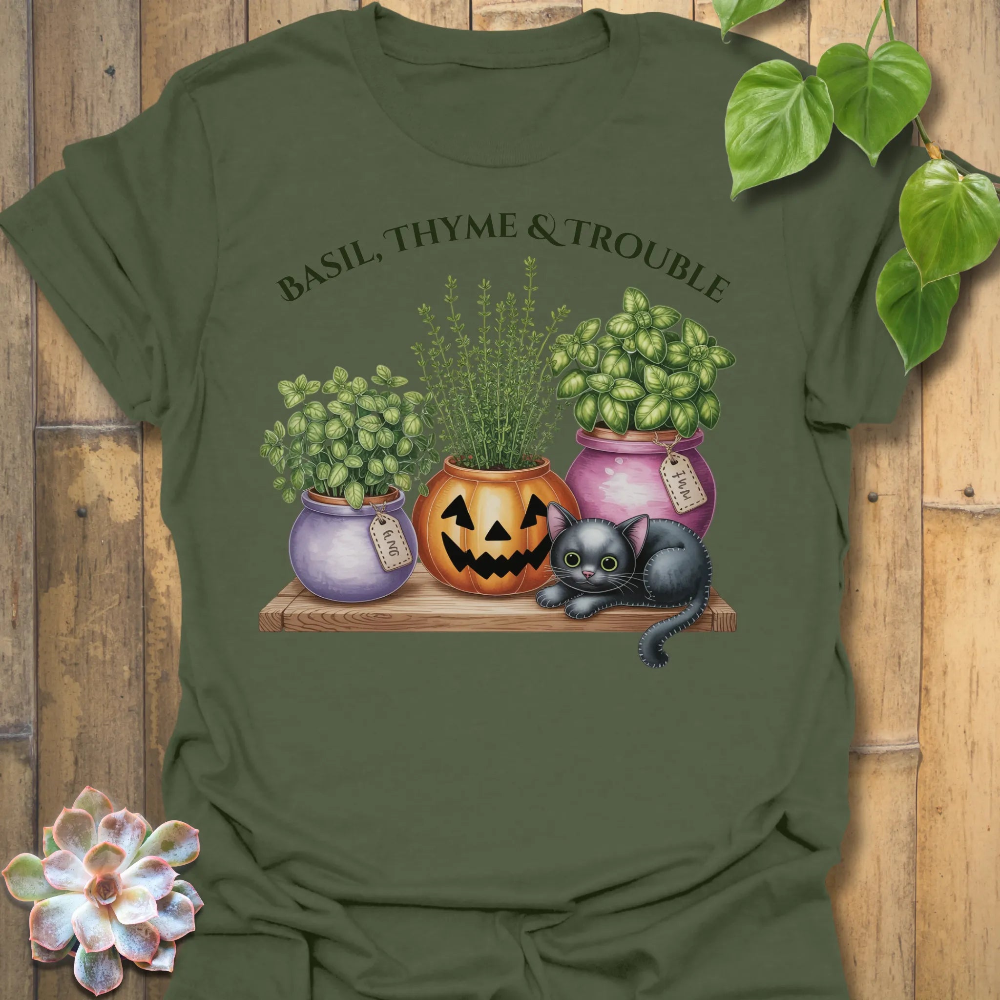Military Green t-shirt featuring the design Basil, Thyme & Trouble printed in bold letters, plant and herb lover tee.