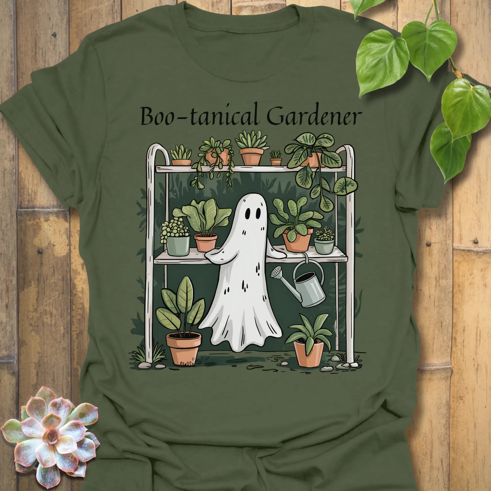 Military Green t-shirt featuring the design Boo – Tanical Gardener printed in bold Halloween gardening shirt.