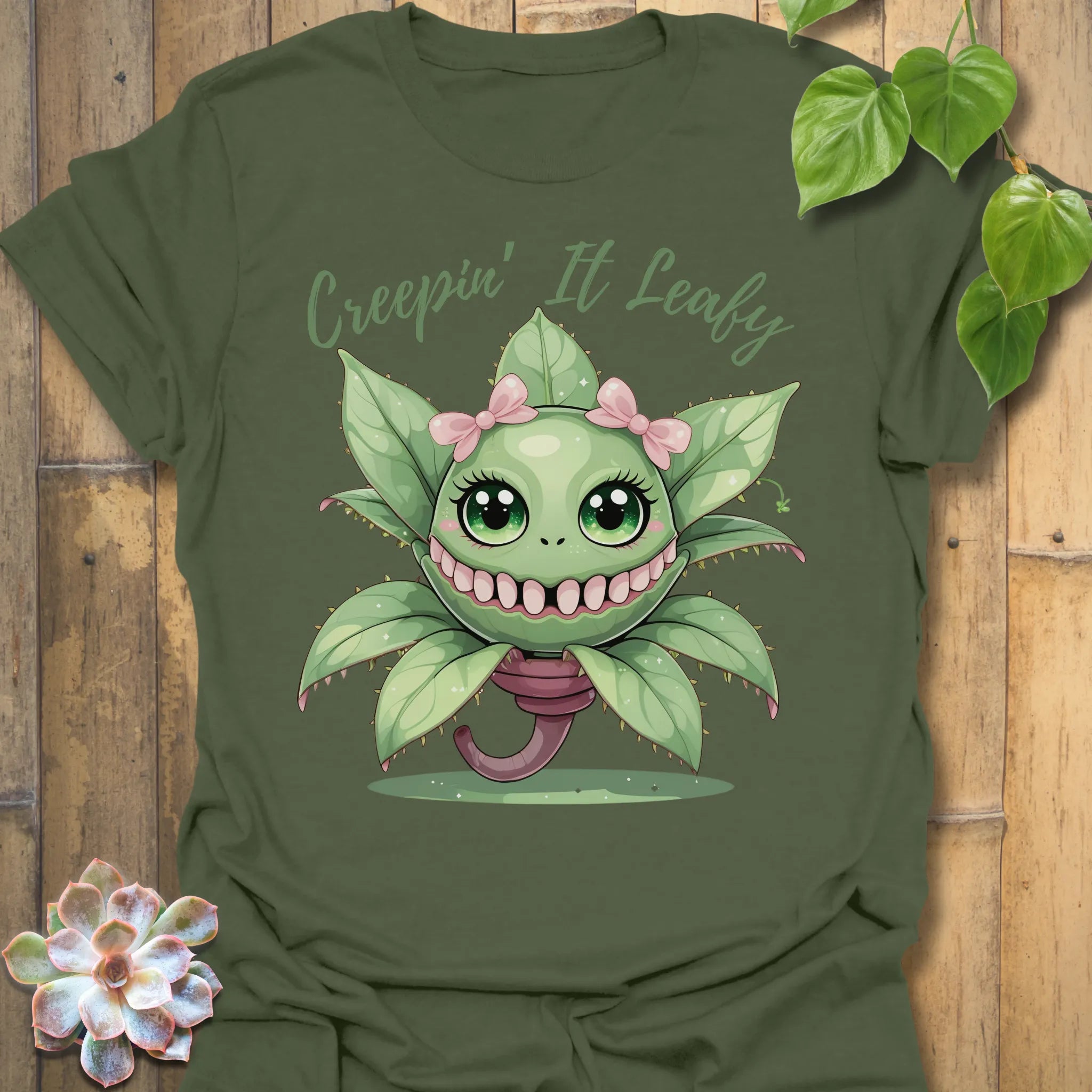 Military Green t-shirt featuring the design Creepin’ It Leafy printed in funny garden shirt.