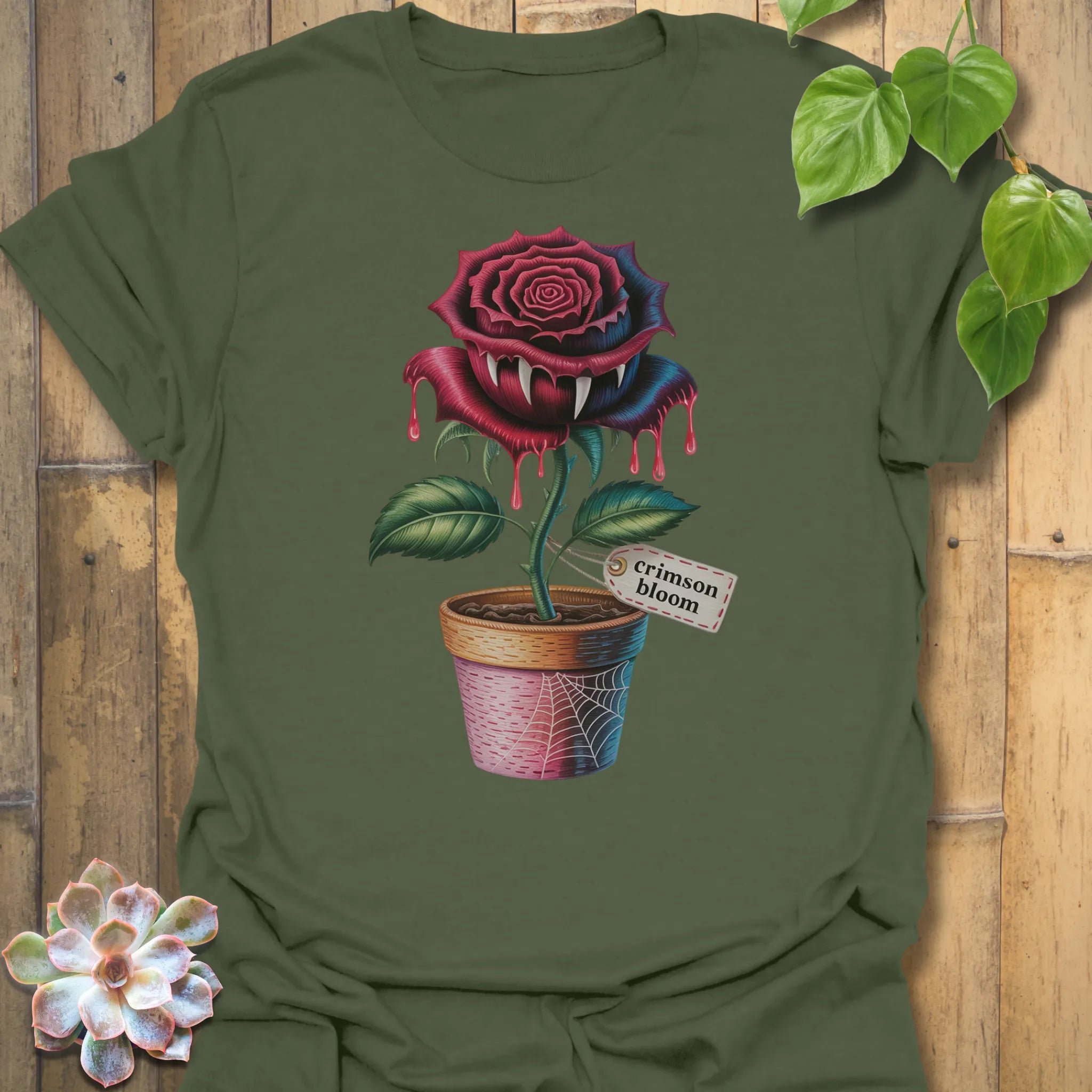Military Green t-shirt featuring the design Crimson Bloom printed in halloween floral graphic tee.