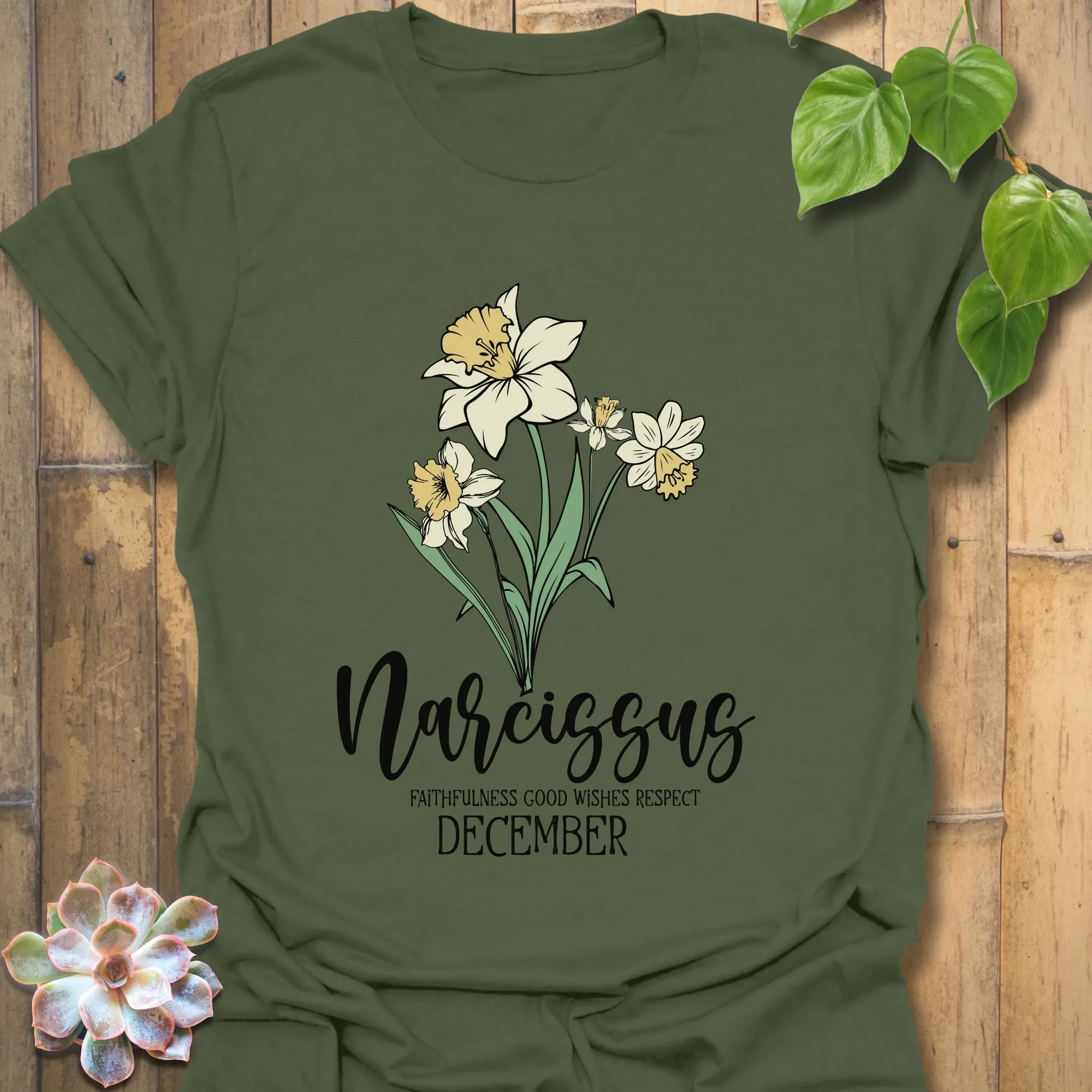 Military Green t-shirt featuring the design December Narcissus decorated with a narcissus flower print, a nature-inspired botanical flower t-shirt