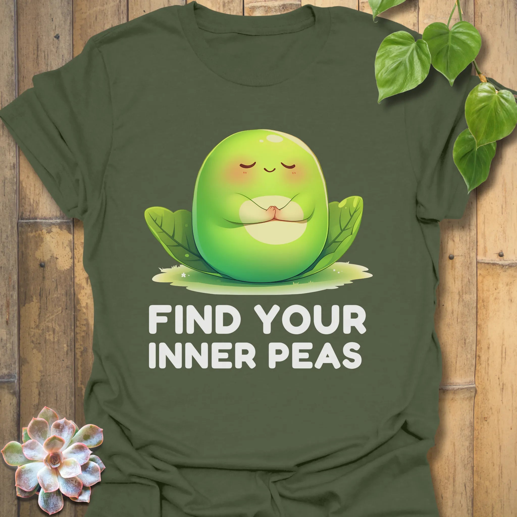 Military Green t-shirt featuring the design Find Your Inner Peas printed in bold green letters with playful pea graphics