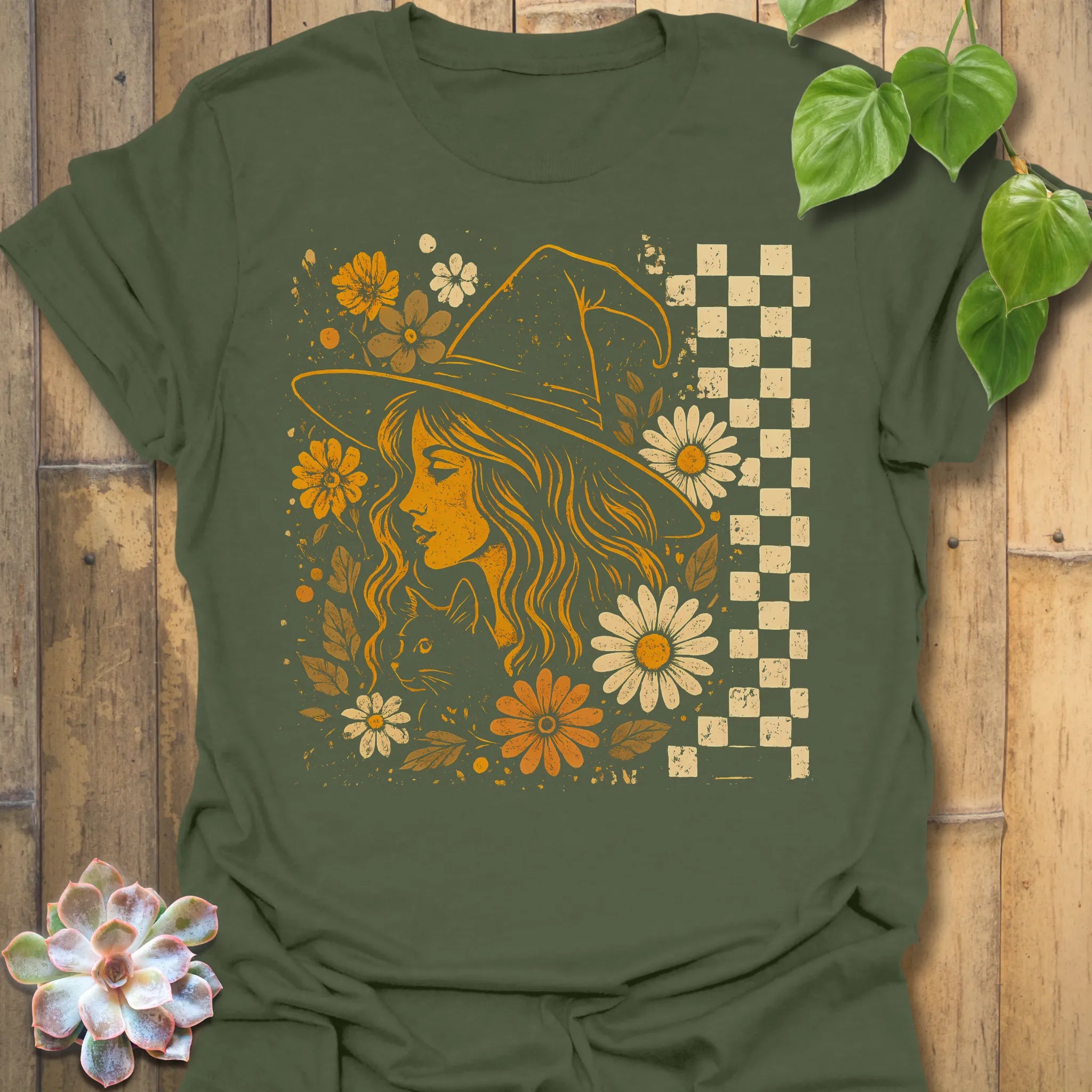 Military Green t-shirt featuring the design Garden Witch Vibes printed in witchy garden shirt.