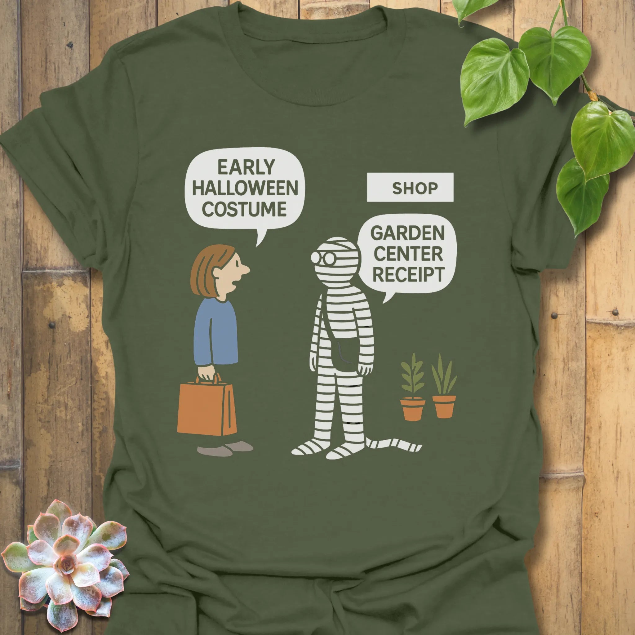 Military Green t-shirt featuring the design Halloween Costume printed in bold letters, stylish Halloween top.