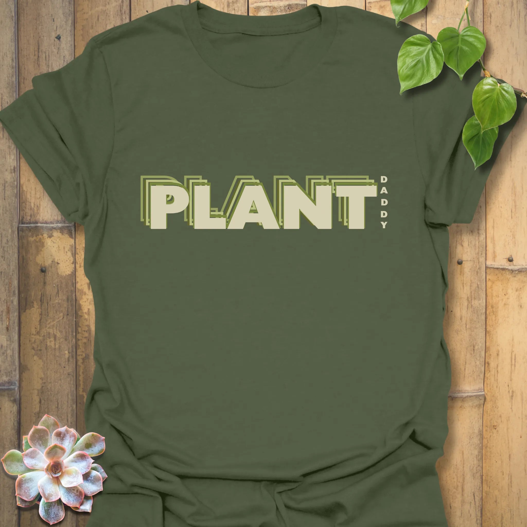 Military Green t-shirt featuring the design Plant Dad, ideal shirt for plant enthusiasts.
