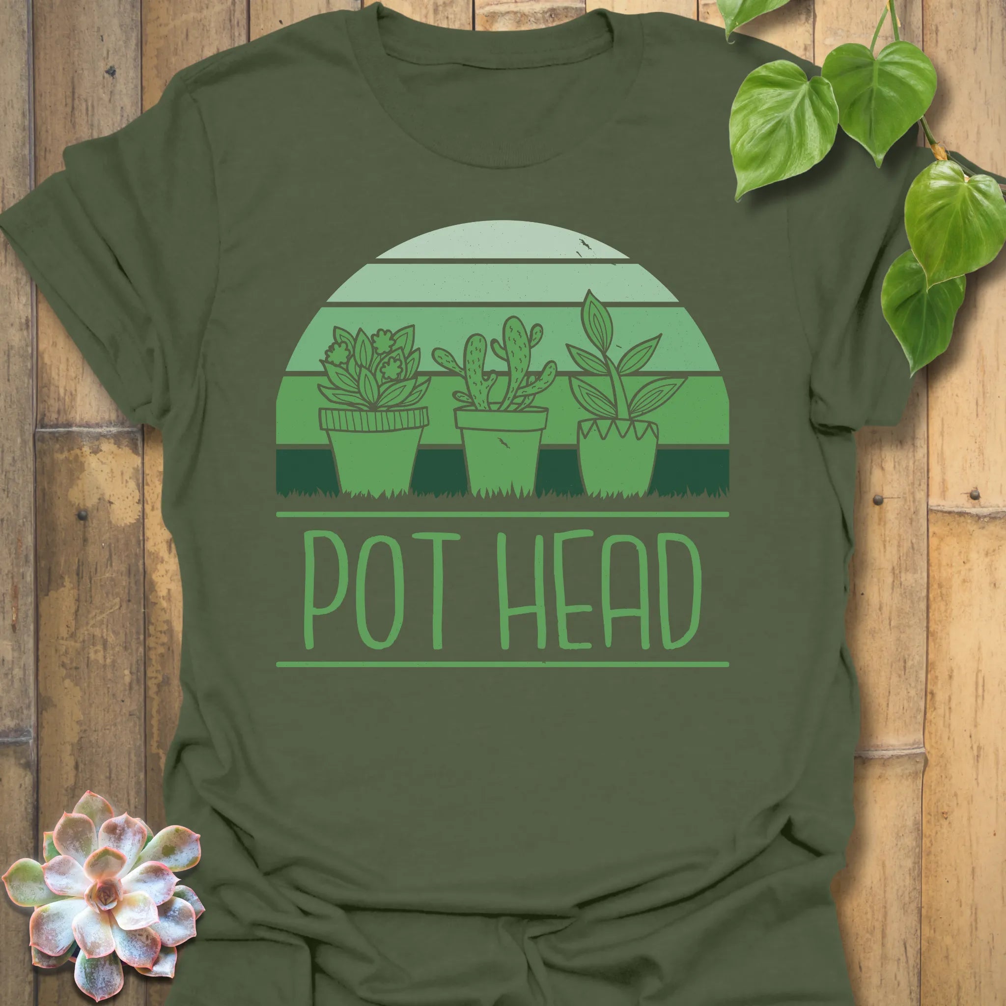Military Green t-shirt featuring the design Pot Head printed in bold green letters, garden lover shirt.