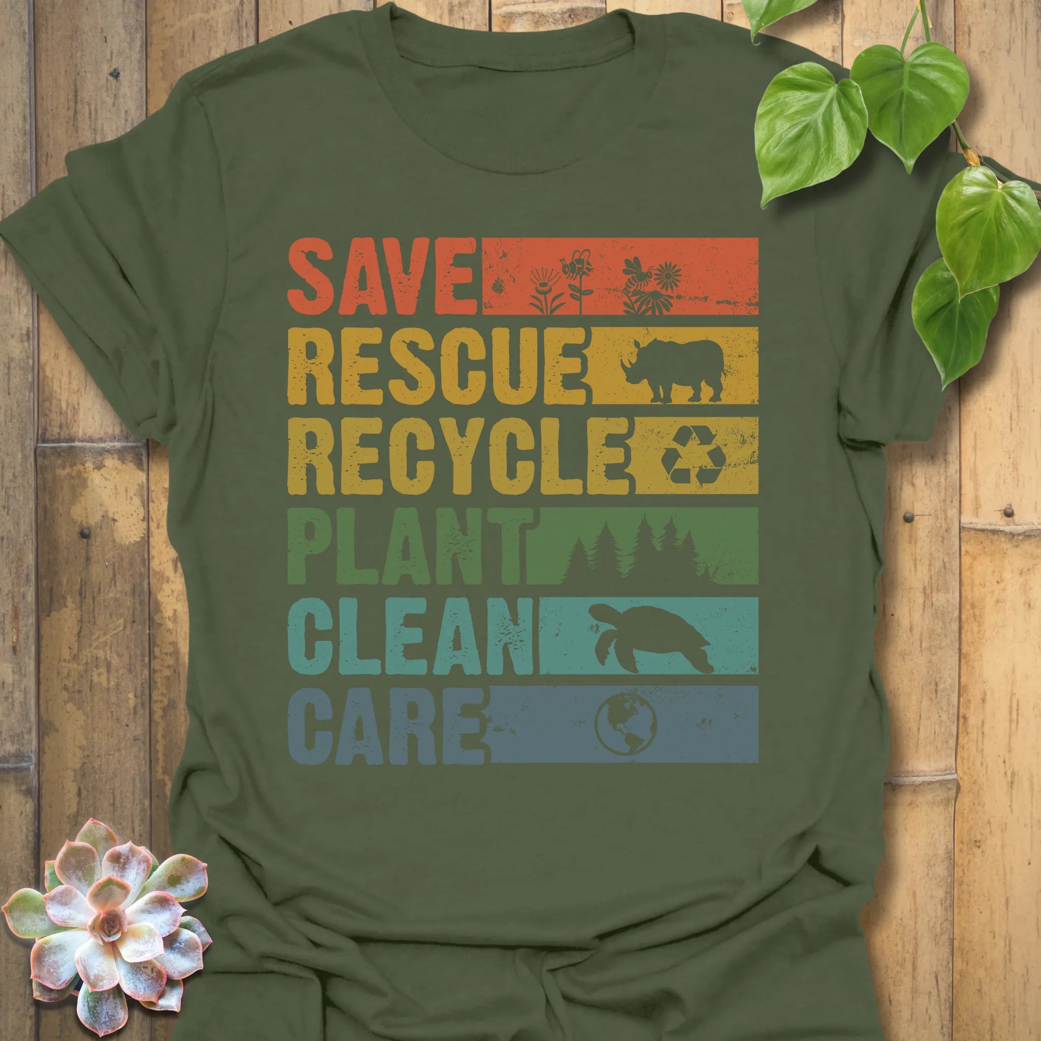 Military Green t-shirt featuring the design Save, Rescue printed in bold colorful letters, plants, nature, animal lover tee.
