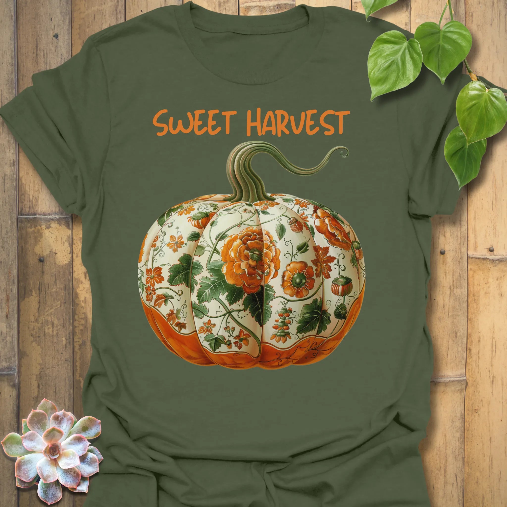 Military Green t-shirt featuring the design Sweet Harvest printed in rustic harvest graphic tee.