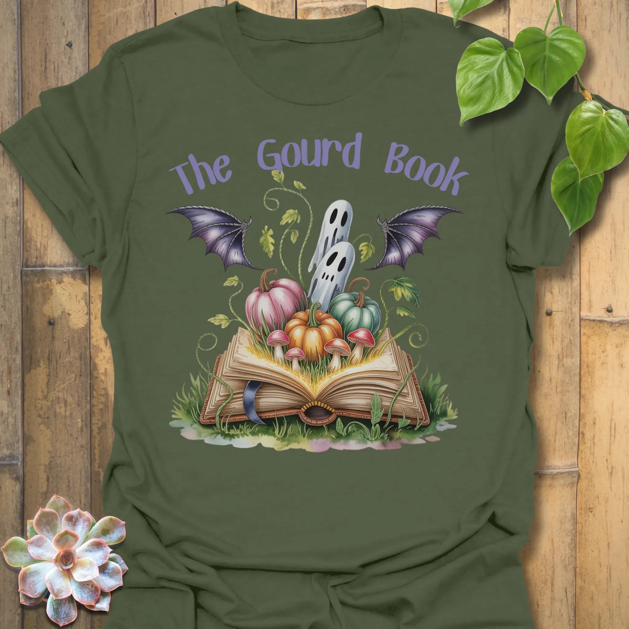 Military Green t-shirt featuring the design The Gourd Book printed in halloween pumpkin shirt.