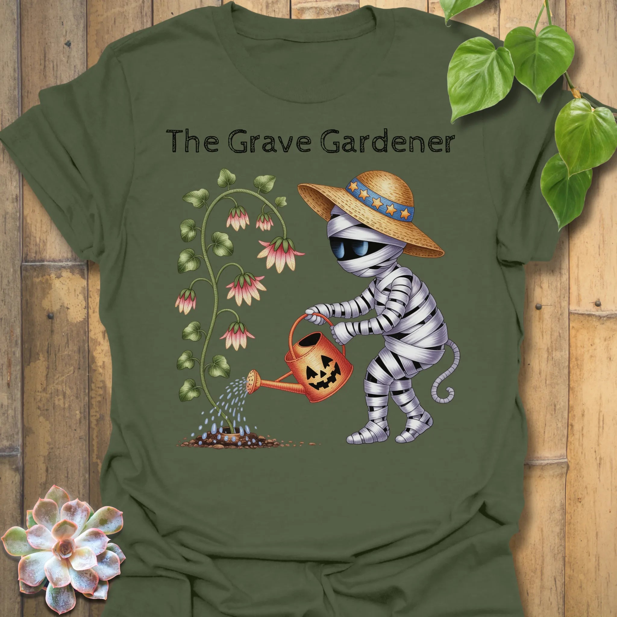 Military Green t-shirt featuring the design The Grave Gardener printed in halloween plant shirt.