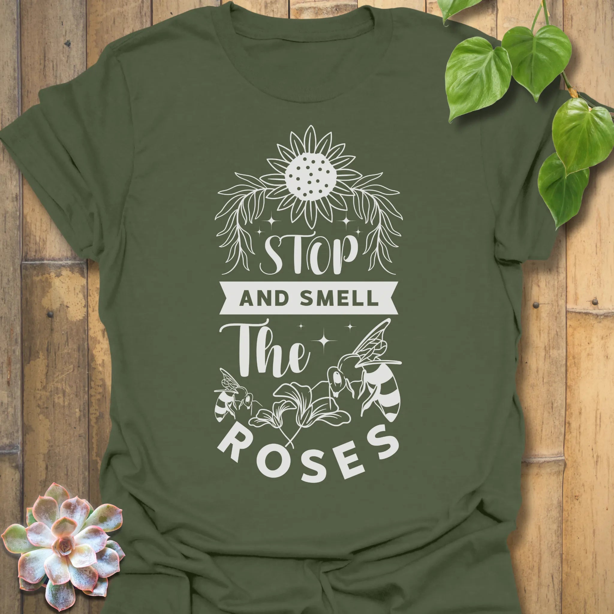 Military Green t-shirt featuring the design The Roses printed in artistic flower, floral graphic tee.