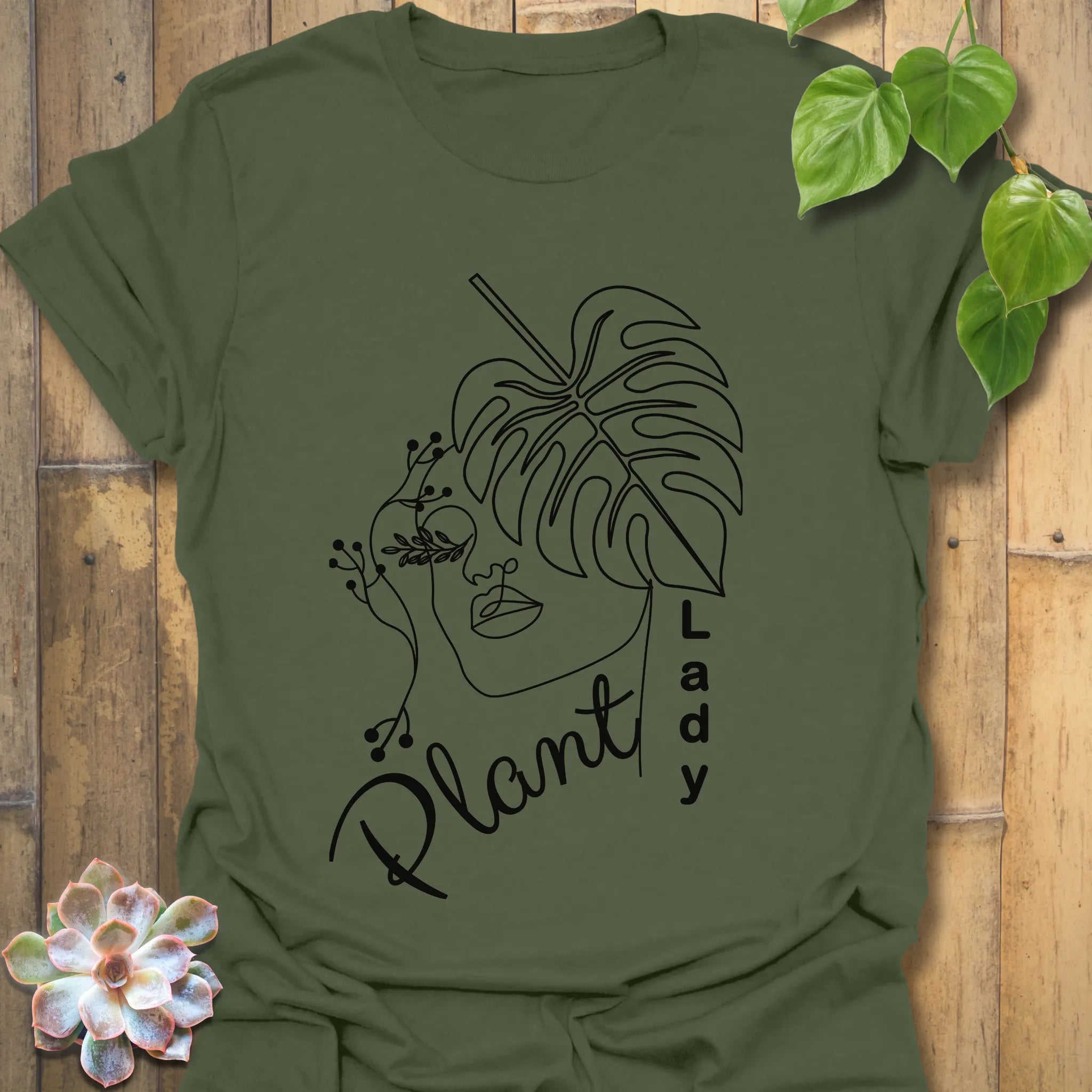 Military green t-shirt featuring the Plant Lady design, made for plant lovers and garden enthusiasts