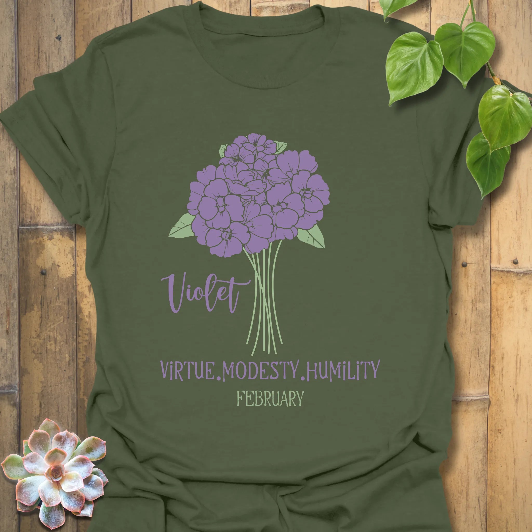 Military green t-shirt featuring the design February Violet with a rose flower print, ideal for nature-inspired graphic tee collections.