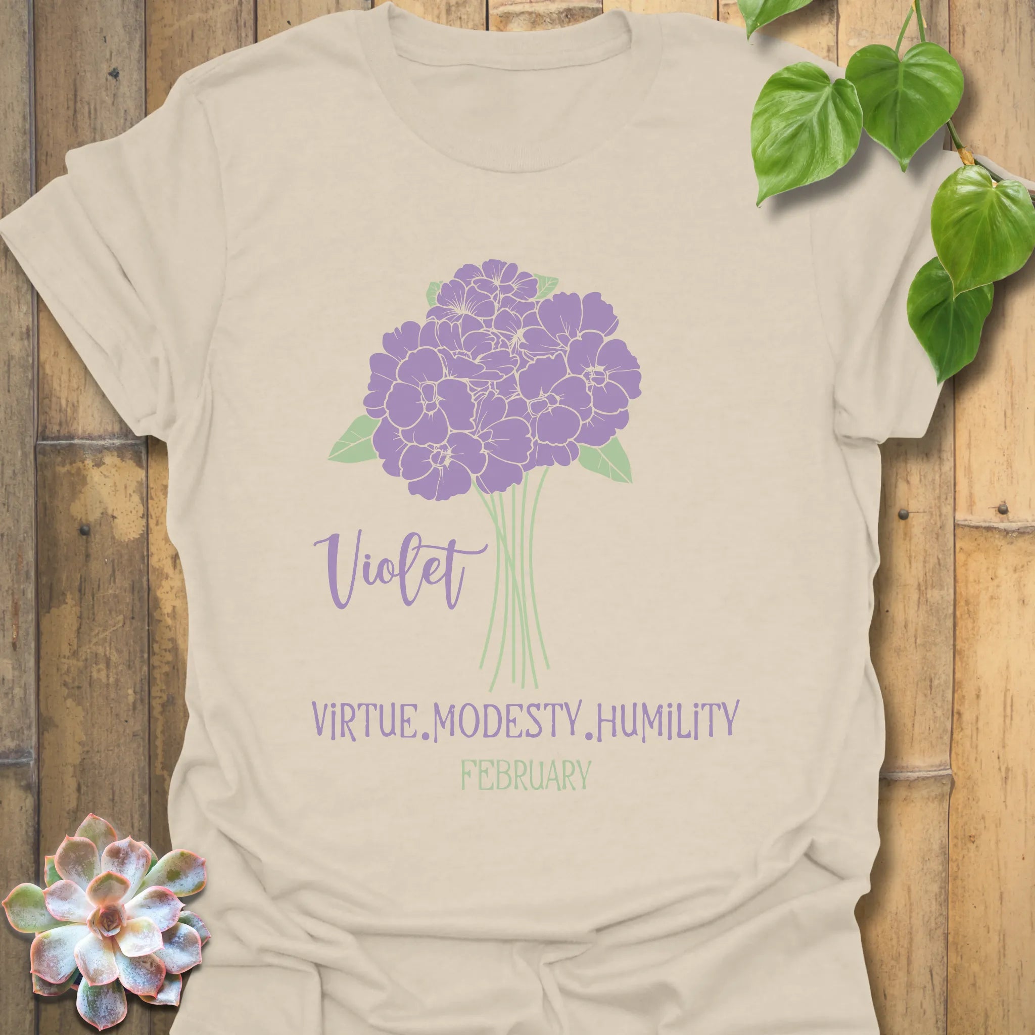 Natural t-shirt featuring the design February Violet with a rose flower print, a stylish botanical print shirt for everyday wear.
