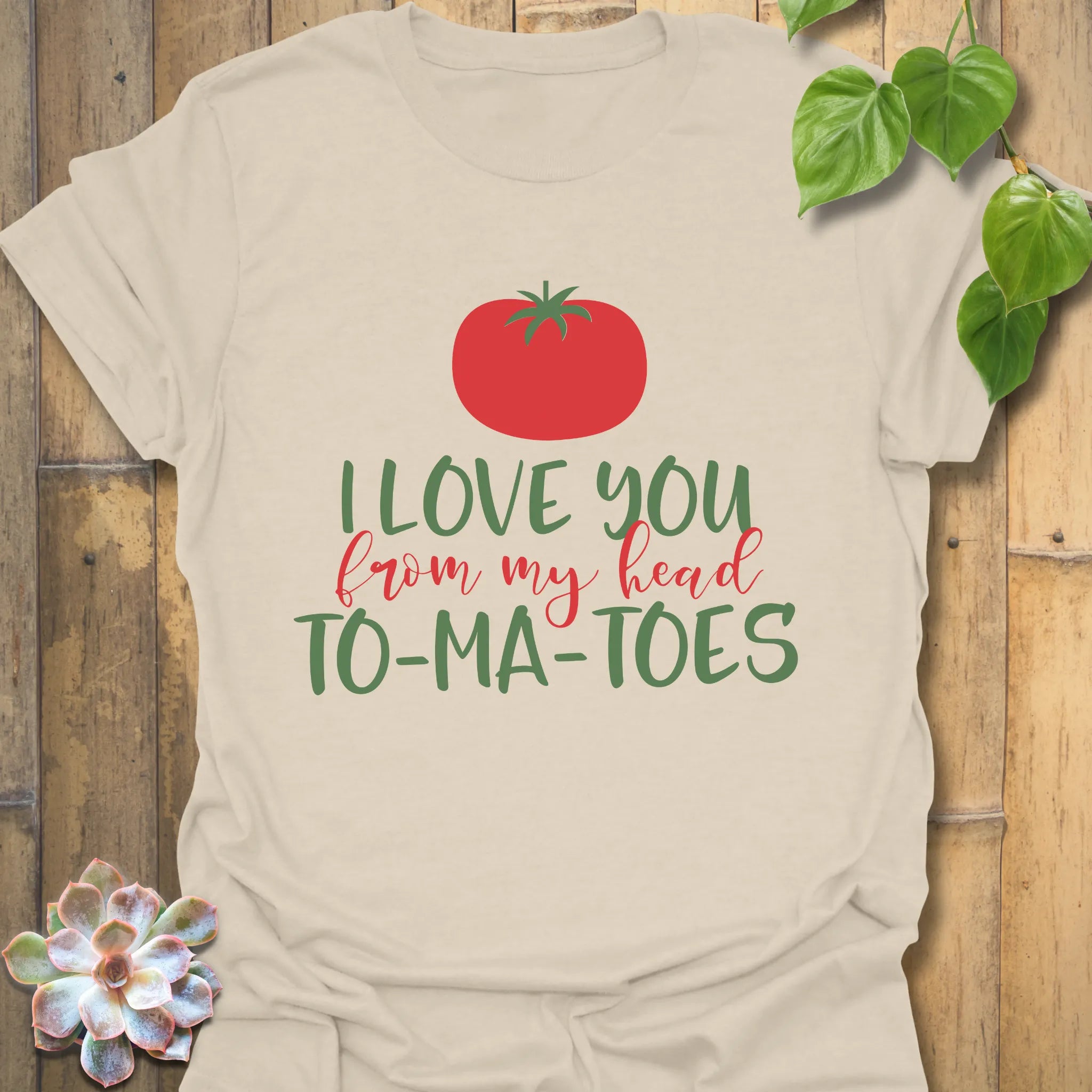 Natural t-shirt featuring the design I Love You From My Head TO-MA-TOES with tomato print, cute pun t-shirt for food lovers.