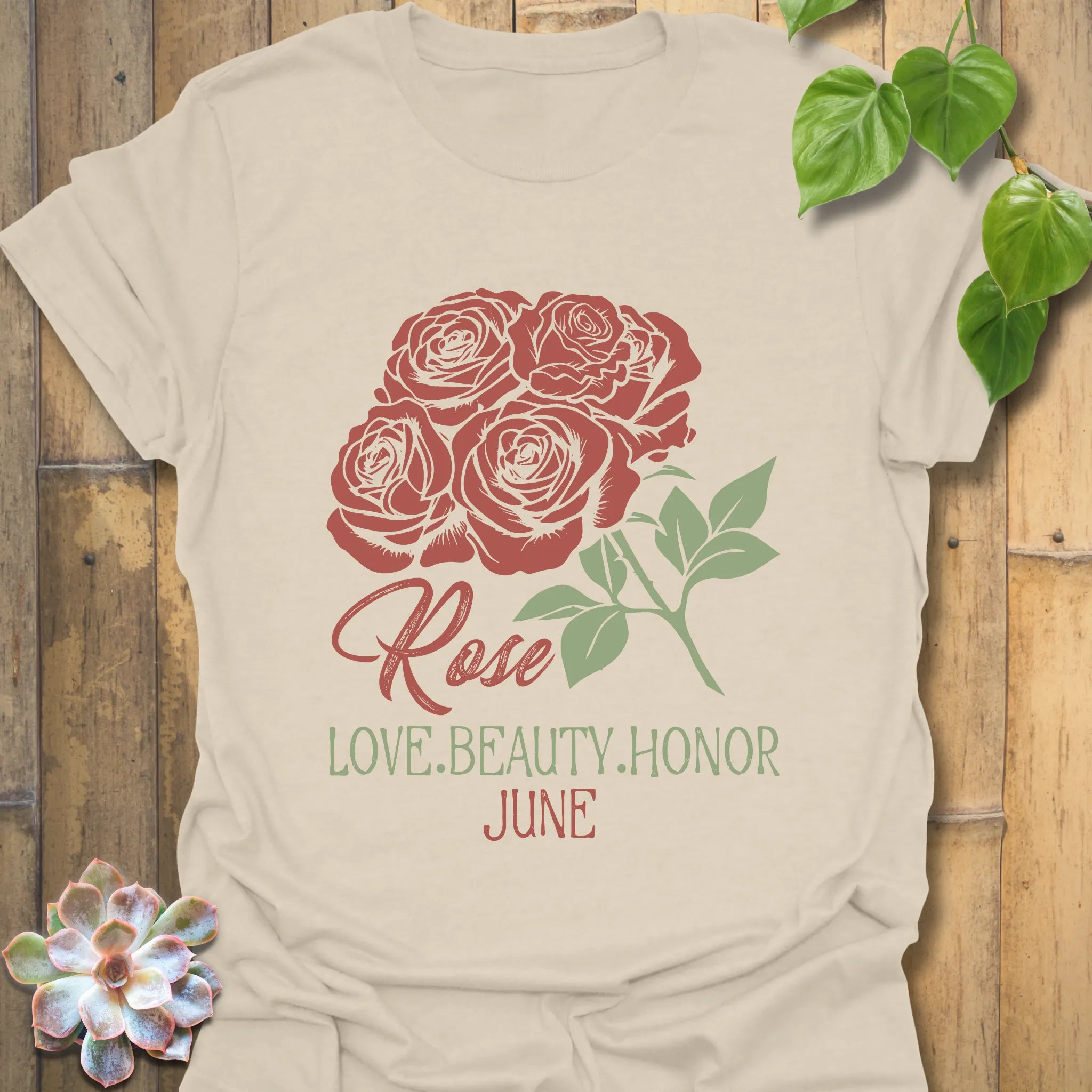 Natural t-shirt featuring the design June Rose with a delicate rose flower print, a stylish floral shirt for everyday wear.
