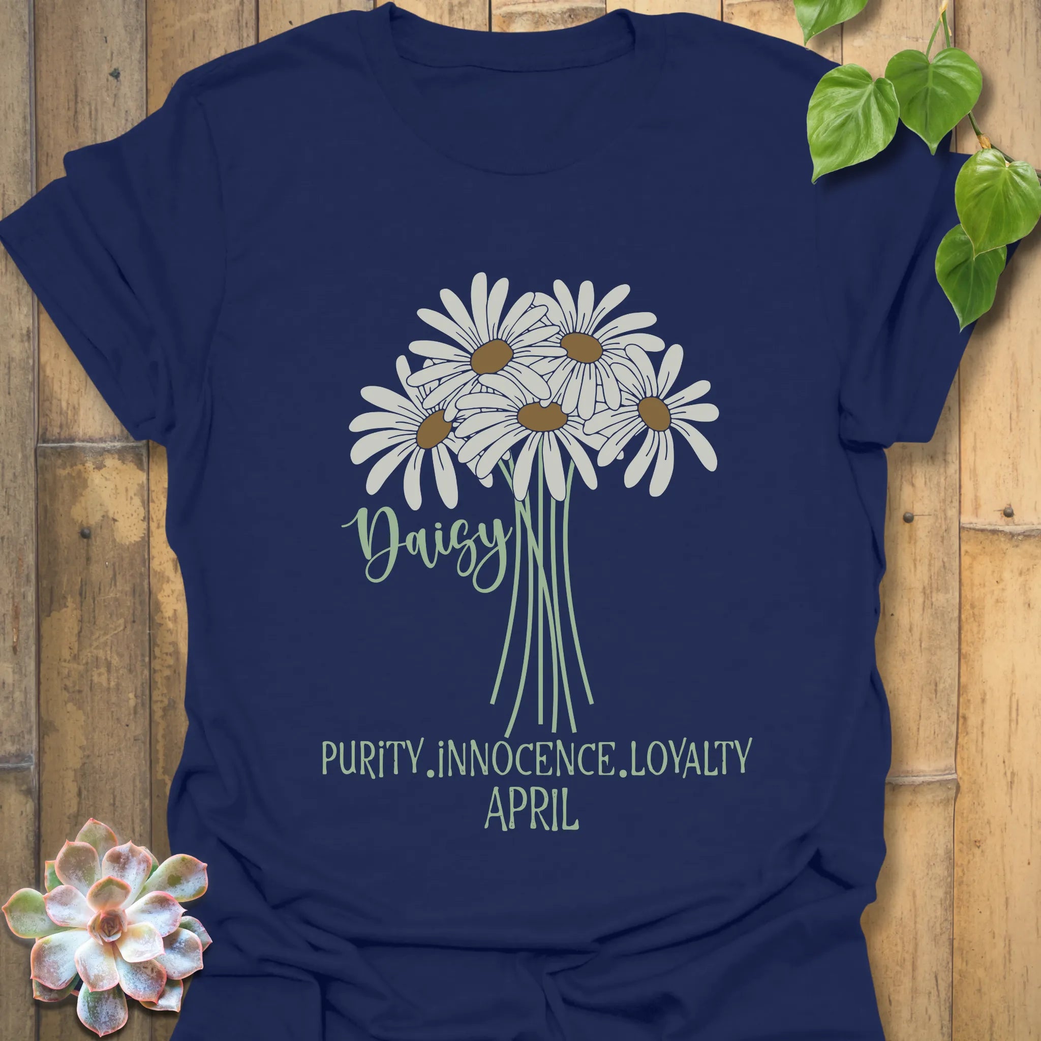 Navy t-shirt featuring the design April Daisy with a print of rose flower, a classic botanical rose tee ideal for daily wear.