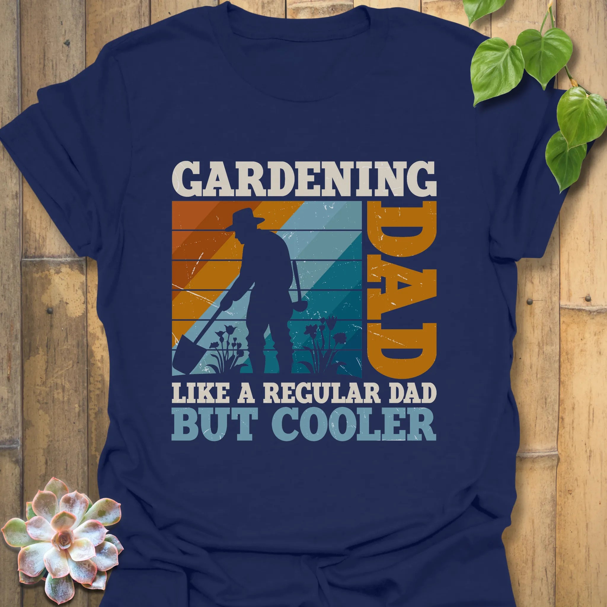 Navy t-shirt featuring the design Gardening Dad, Like a Regular Dad But Cooler, a fun Father’s Day gardening gift shirt.