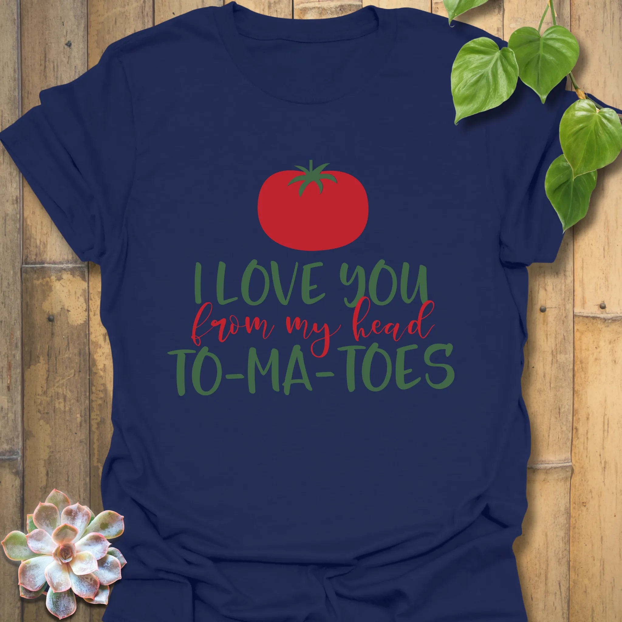 Navy t-shirt featuring the design I Love You From My Head TO-MA-TOES with tomato artwork, cool vegetable pun t-shirt.