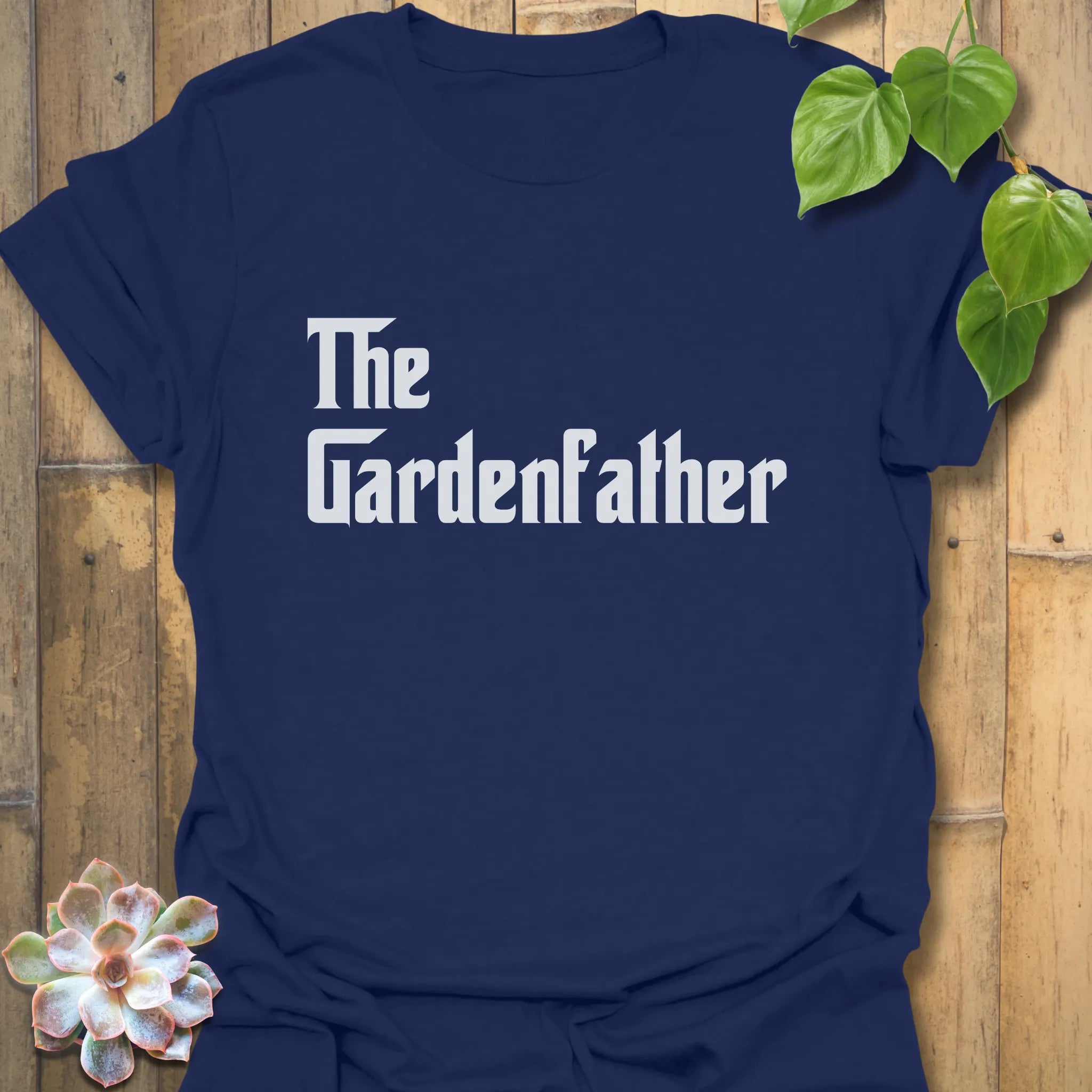 Navy t-shirt featuring the design The Gardenfather, funny gardening shirt.