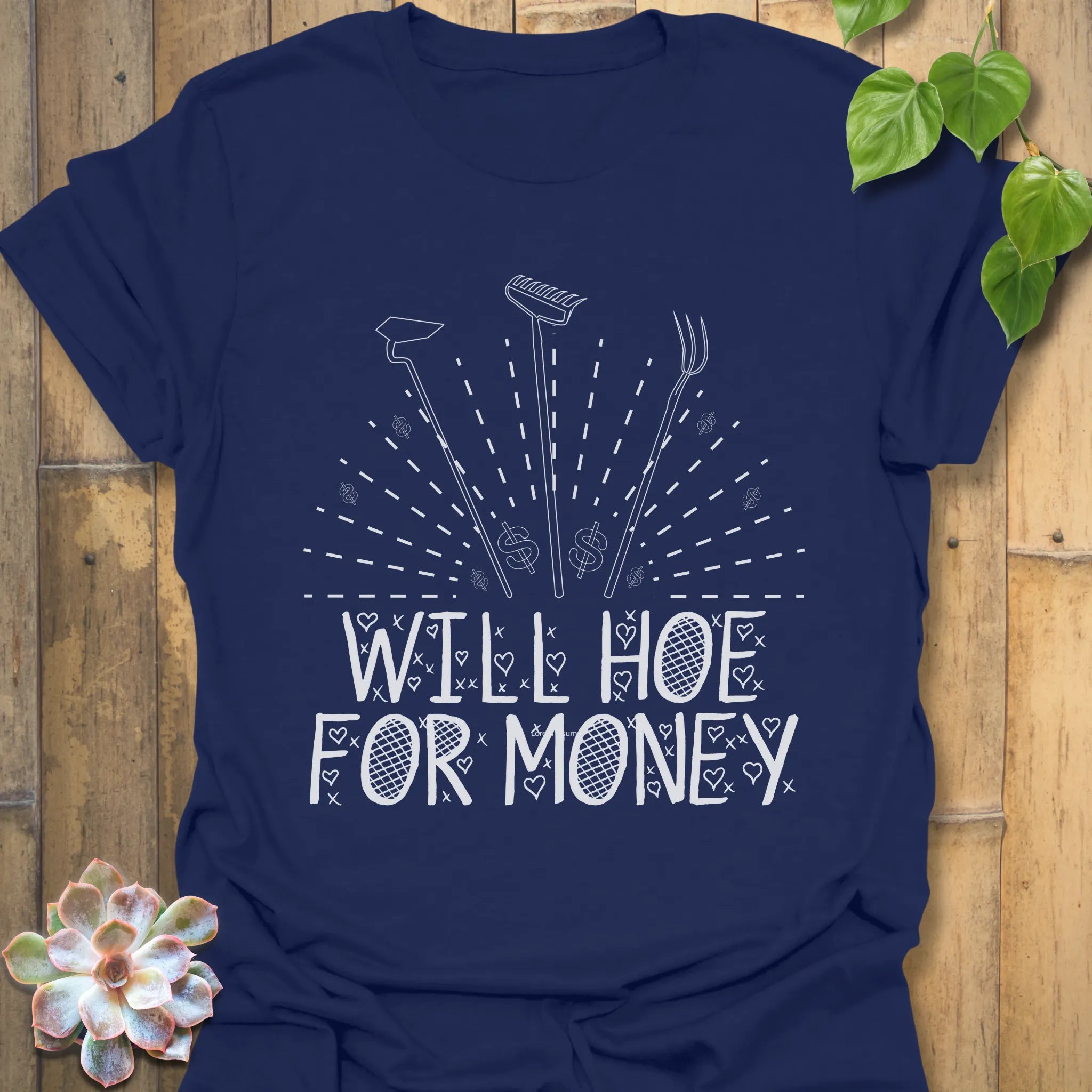 Navy t-shirt featuring the design Will Hoe For Money printed in contrasting white letters, a playful gardening graphic tee for men and women.