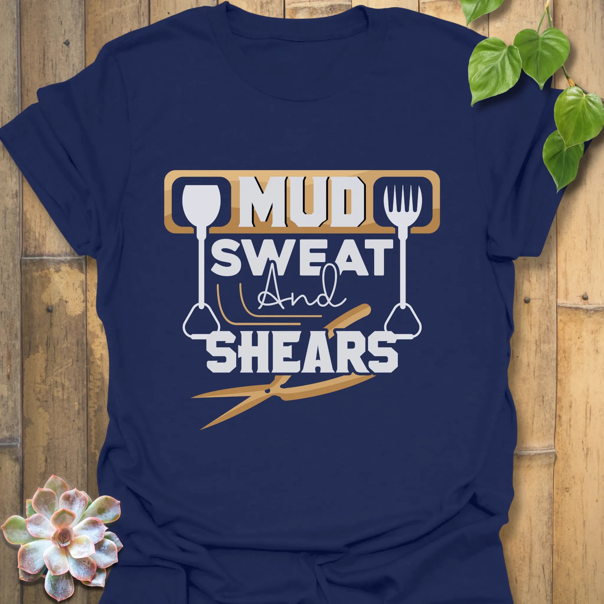 Navy unisex t-shirt featuring the design Mud Sweat And Shears, classic garden work shirt for men and women.