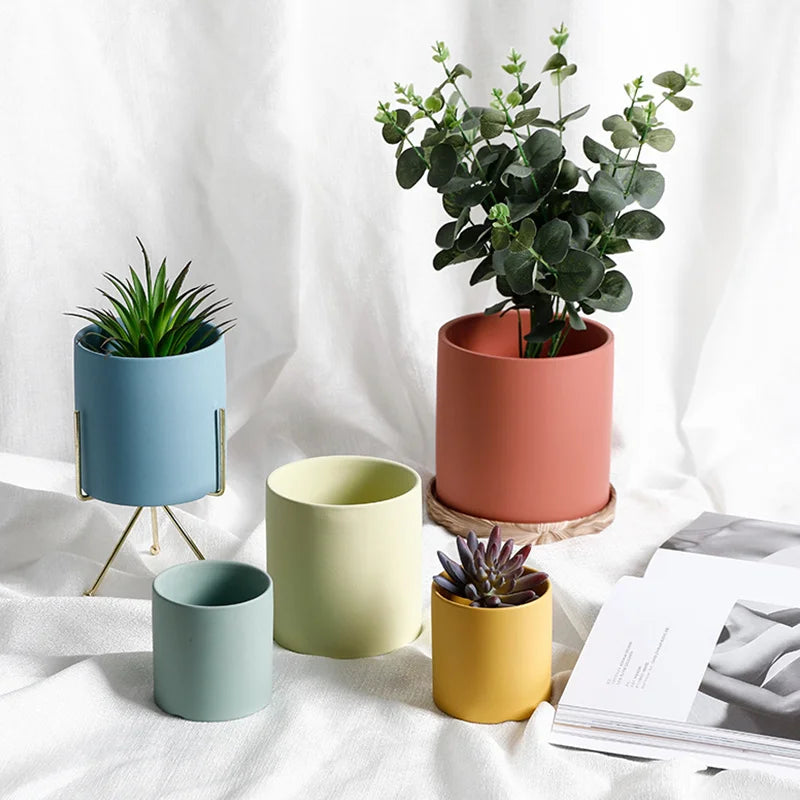 Nordic Industrial Style Colourful Ceramic Flowerpot with Tray