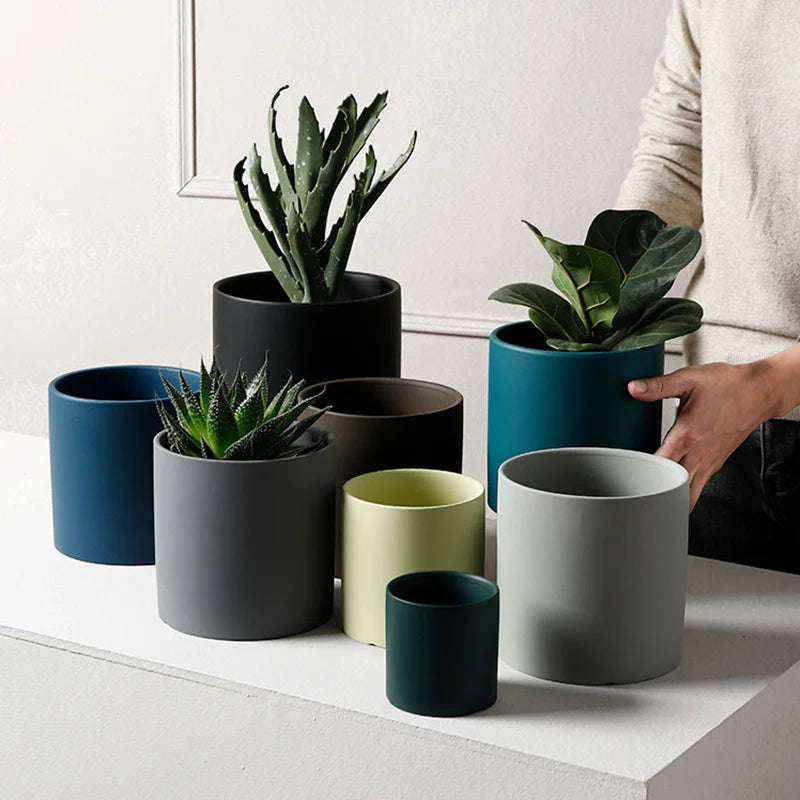 Nordic Industrial Style Colourful Ceramic Flowerpot with Tray