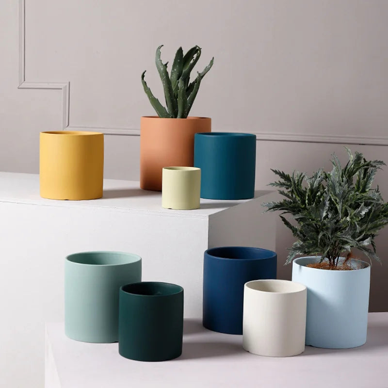 Nordic Industrial Style Colourful Ceramic Flowerpot with Tray