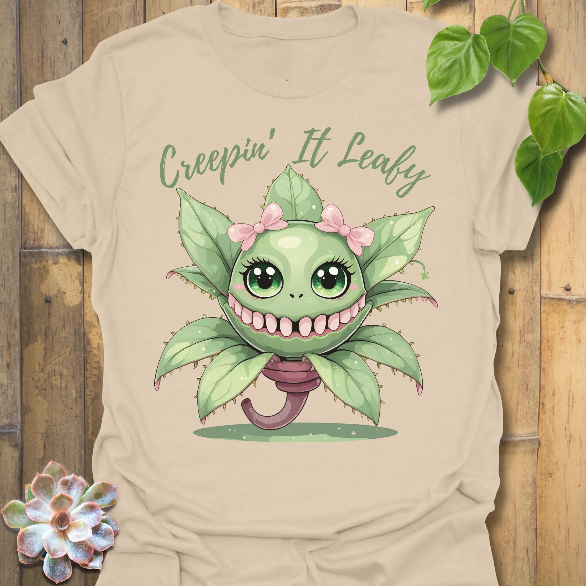 Sand t-shirt featuring the design Creepin’ It Leafy printed in funny garden shirt.
