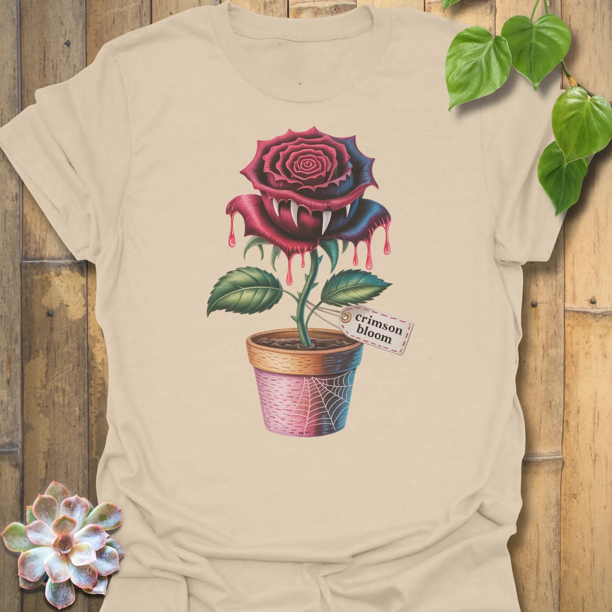 Sand t-shirt featuring the design Crimson Bloom printed in halloween floral graphic tee.
