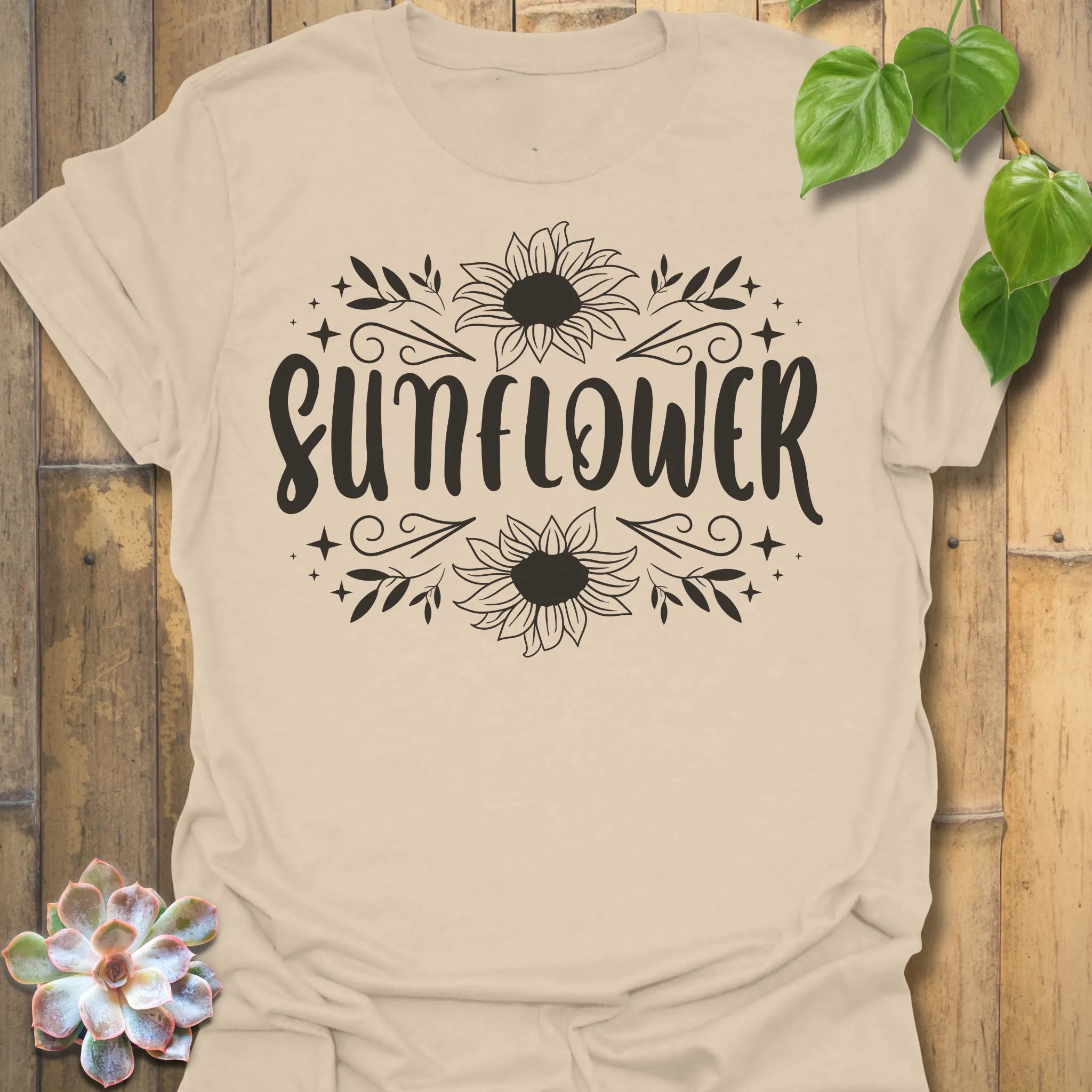 Sand t-shirt featuring the design Sunflower printed inbold white, sunflower floral graphic tee.