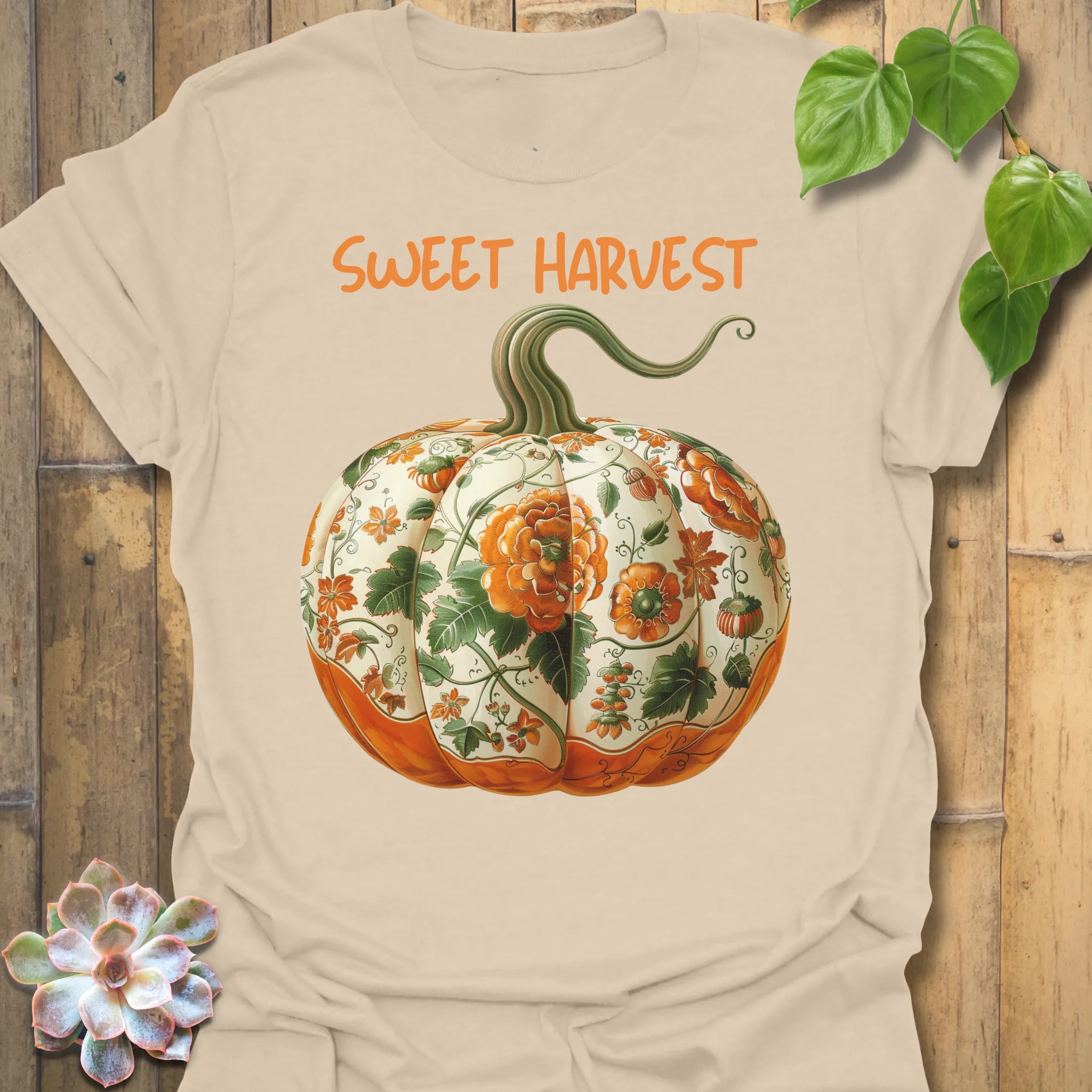 Sand t-shirt featuring the design Sweet Harvest printed in rustic harvest graphic tee.
