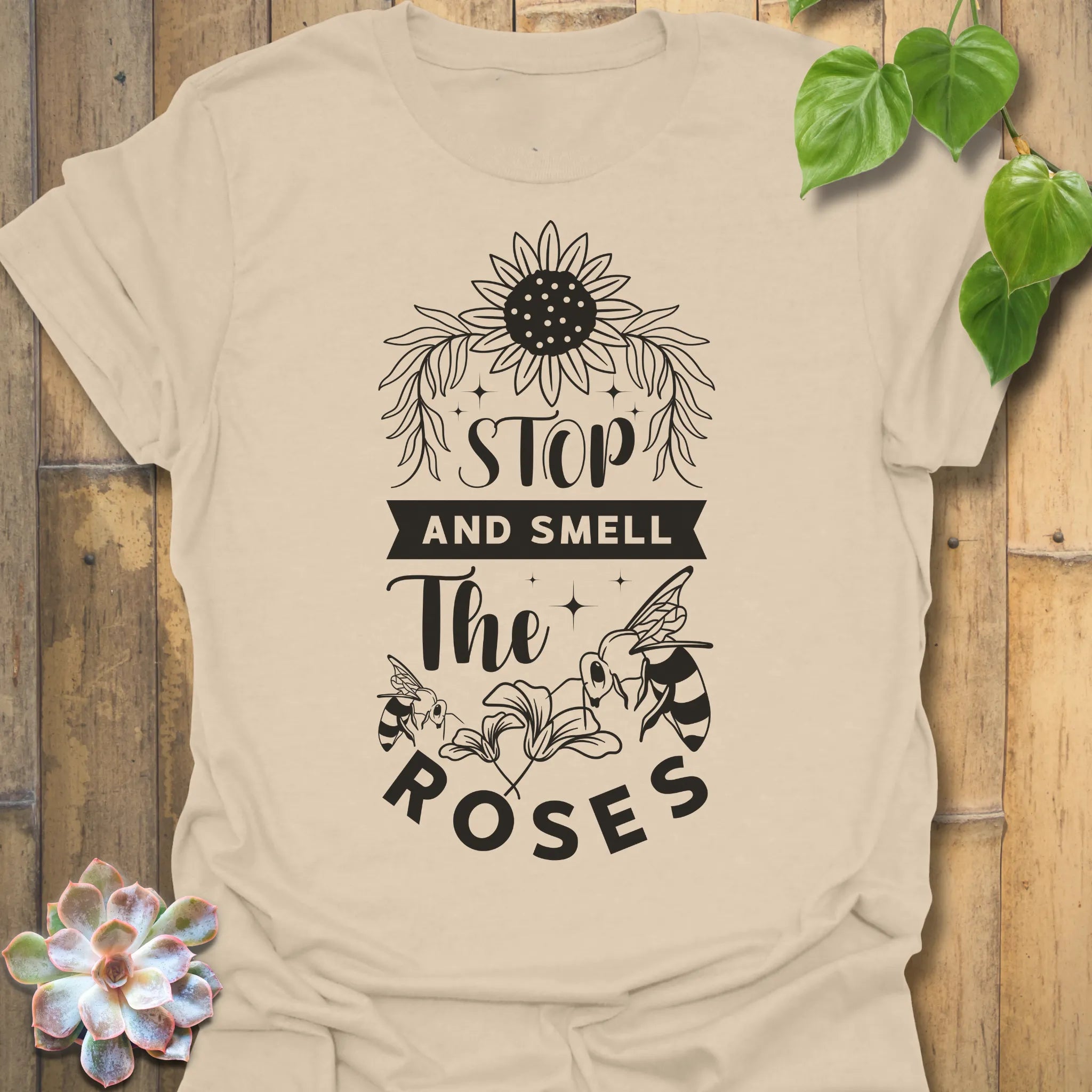 Sand t-shirt featuring the design The Roses printed in artistic flower, floral graphic tee.