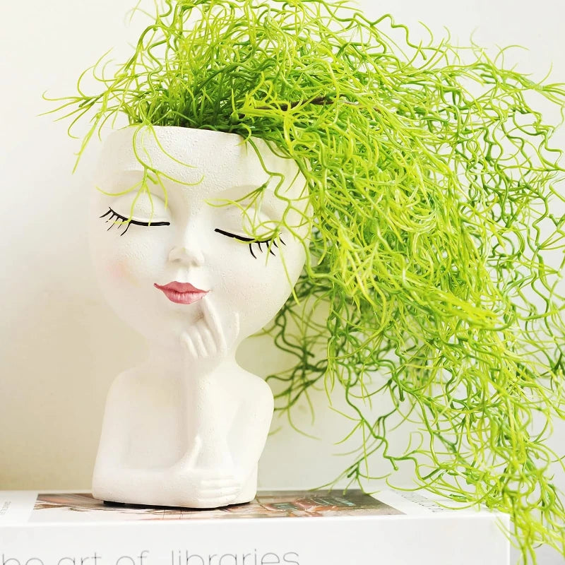 planter head with green curly hair on a white background