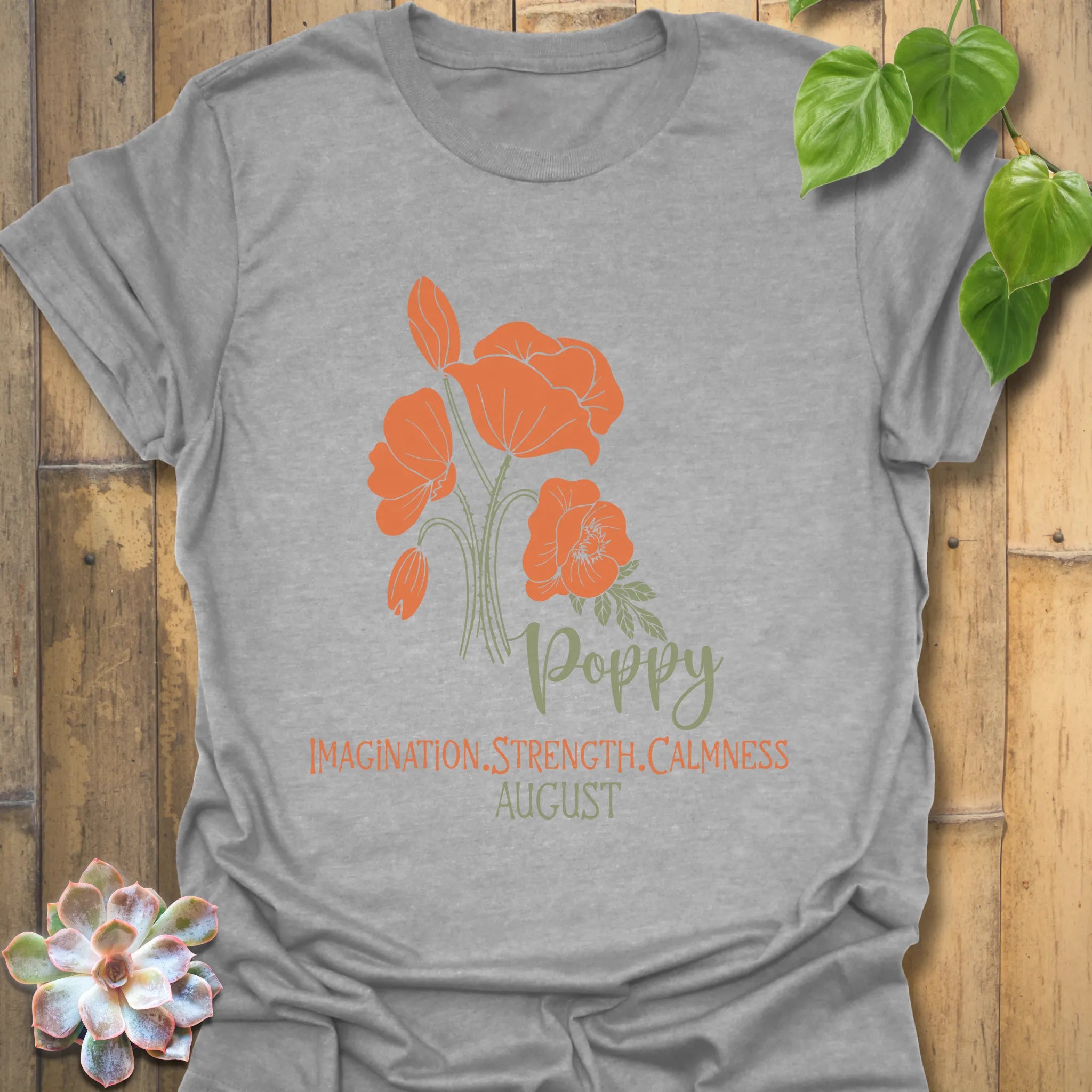 Sport Grey t-shirt featuring the design August Poppy with a floral print, a versatile flower graphic tee for everyday comfort.