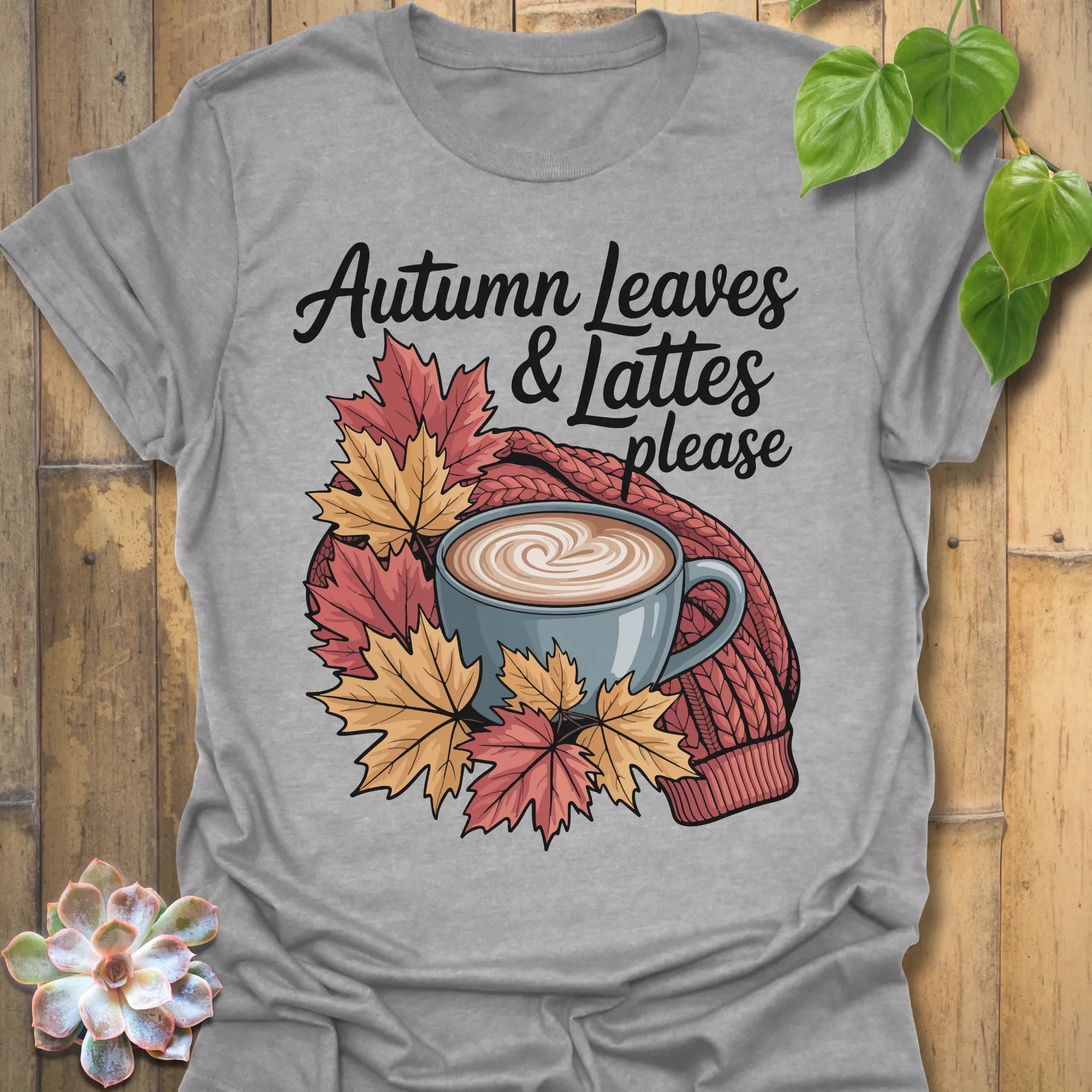 Sport Grey t-shirt featuring the design Autumn Leaves & Lattes printed in cosy fall shirt for coffee lovers.