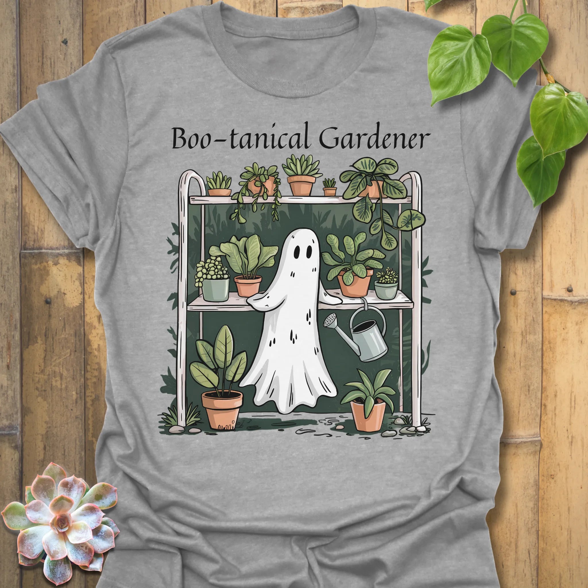 Sport Grey t-shirt featuring the design Boo – Tanical Gardener printed in bold Halloween gardening shirt.