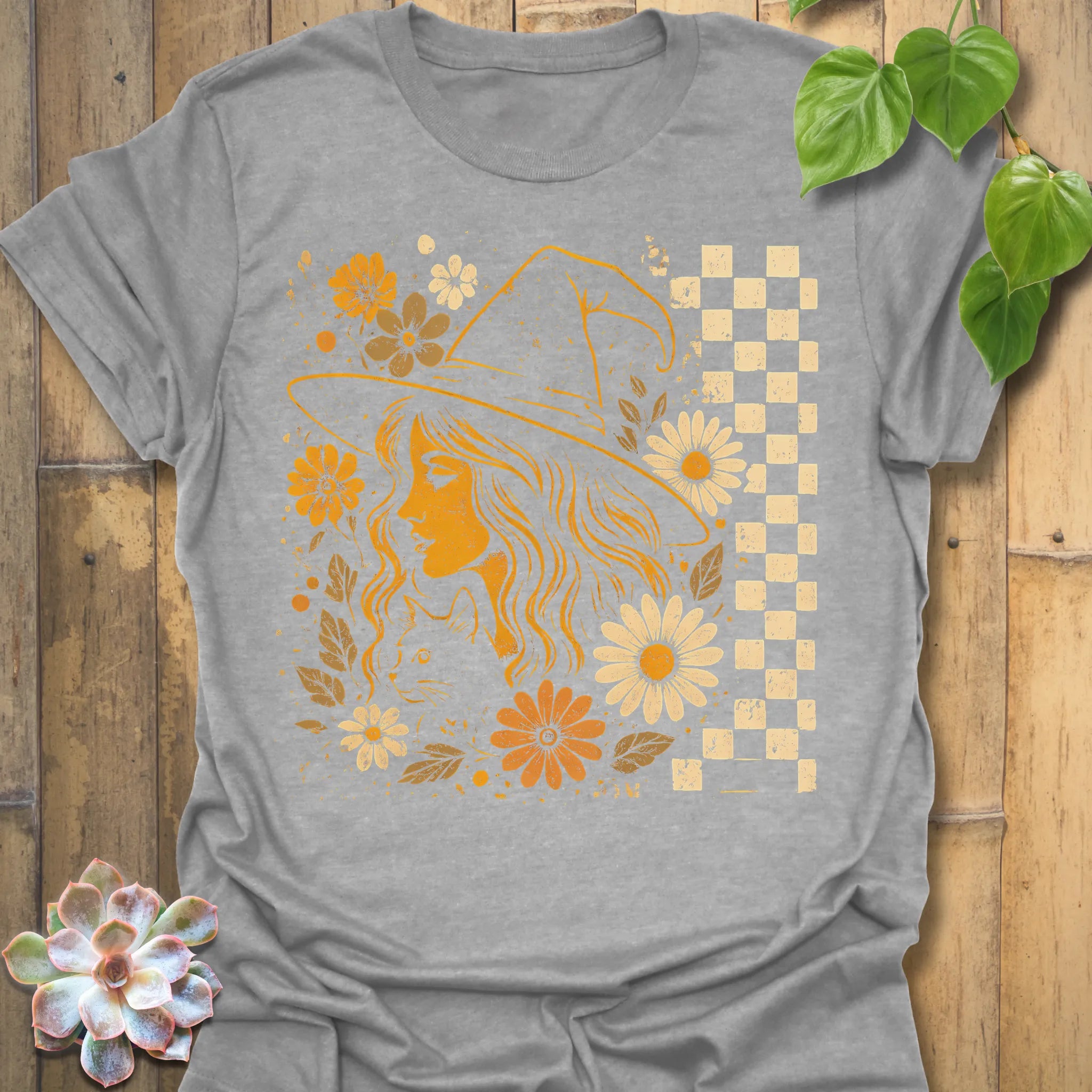 Sport Grey t-shirt featuring the design Garden Witch Vibes printed in witchy garden shirt.