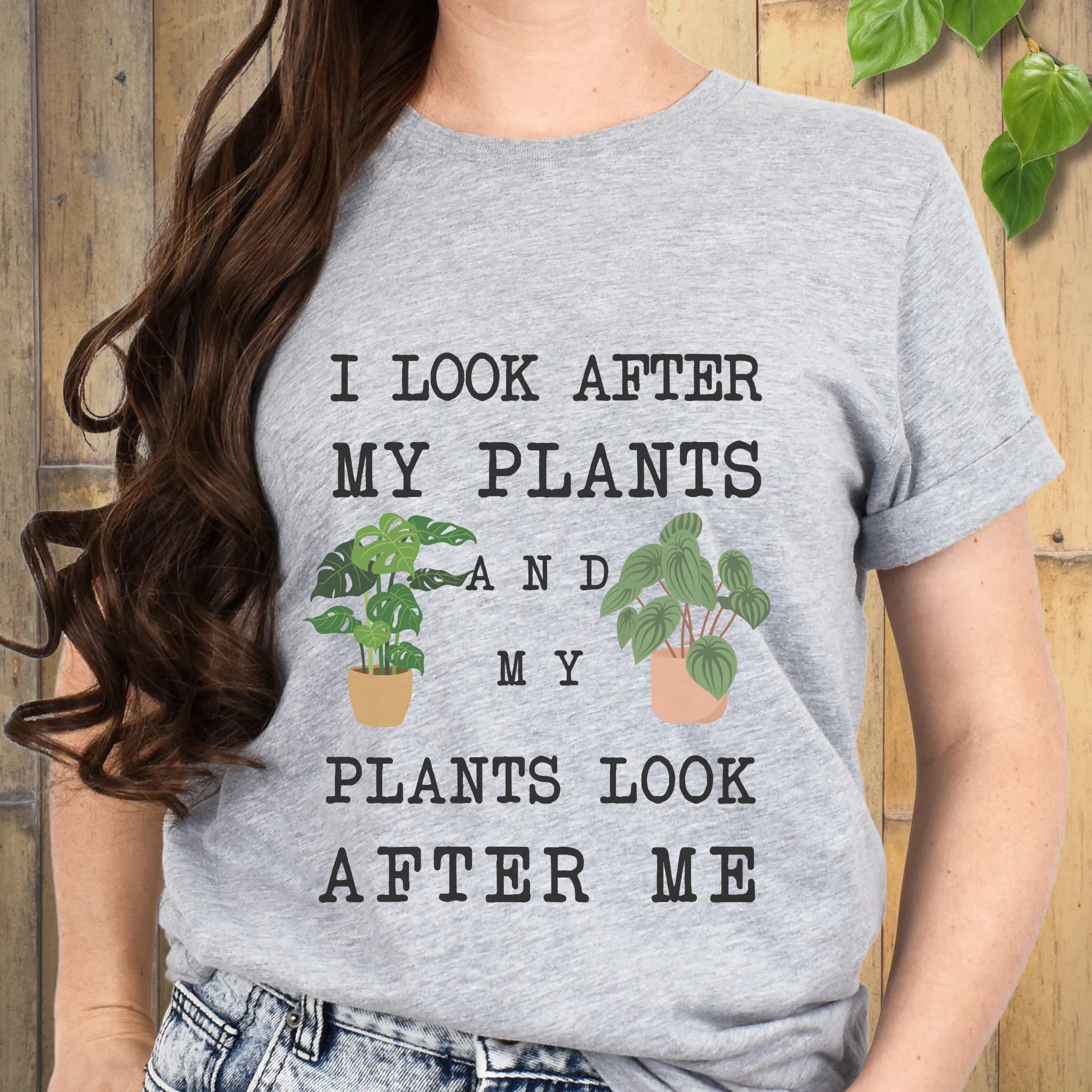 Sport Grey t-shirt featuring the design “I look after My Plants and my plants look after me” gardening gift shirt.